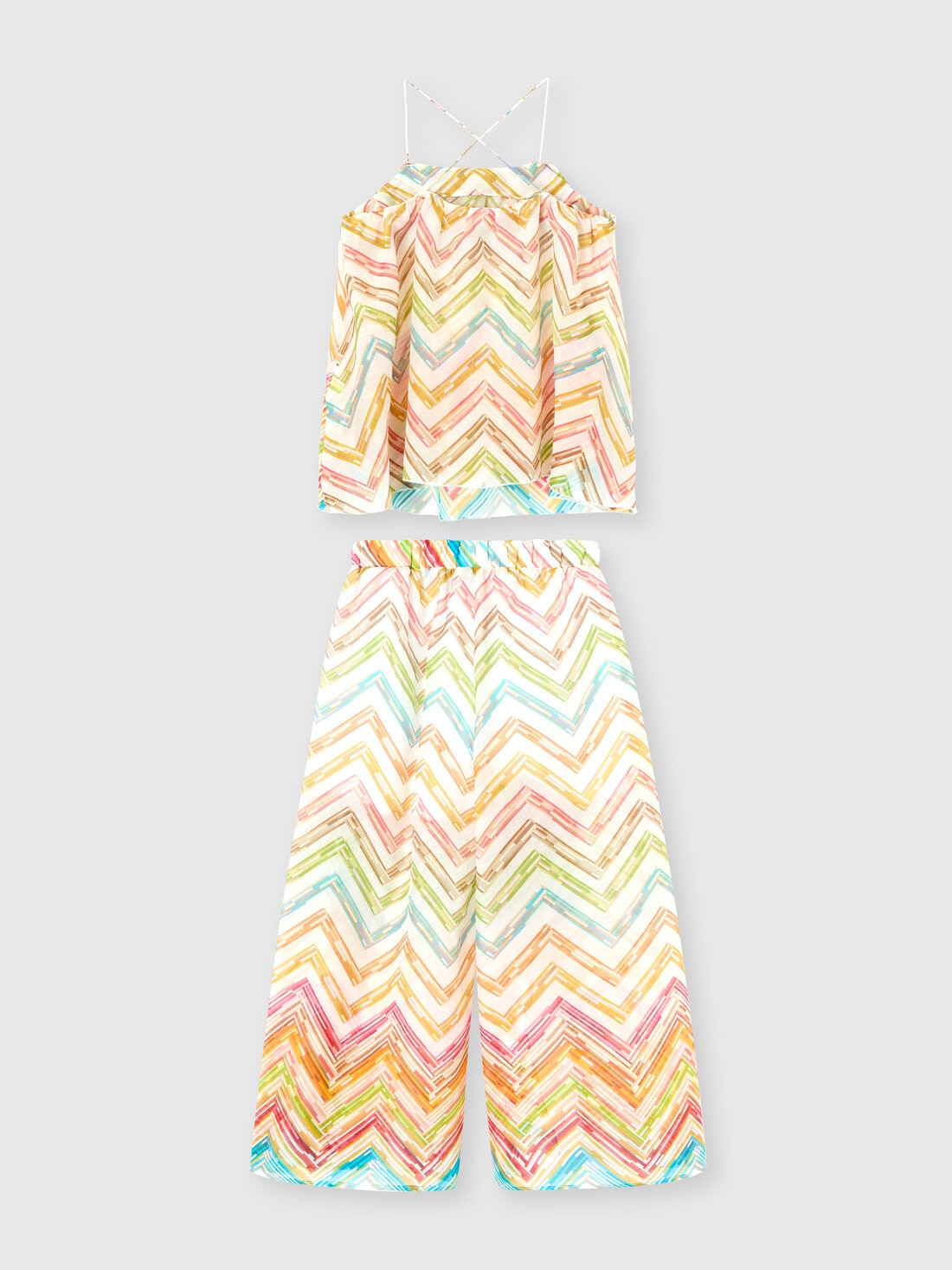 Conjunto de dos piezas de top y pantalón con estampado de puntos en zigzag, Blanco Multicolor   - KS25SG04BV00HMS019C - 1