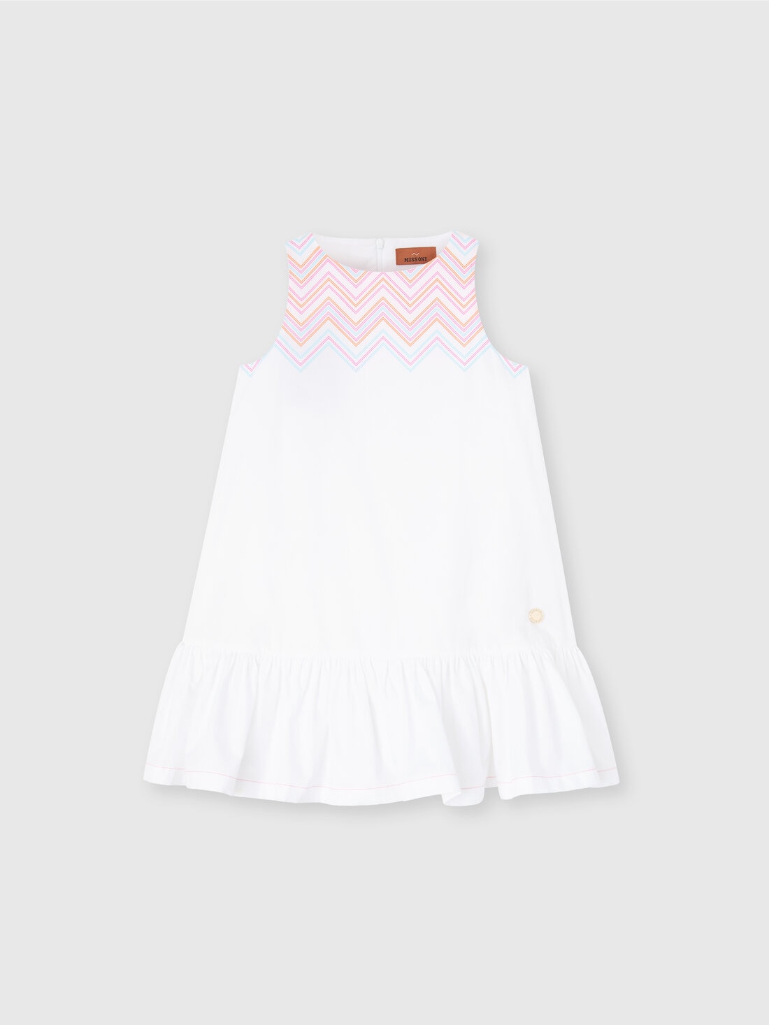 Kurzes Kleid aus 100 % Baumwolle mit Zickzackdruck-Einsatz, Weiß Mehrfarbig   - KS25SG0ABV00HMS019C - 0