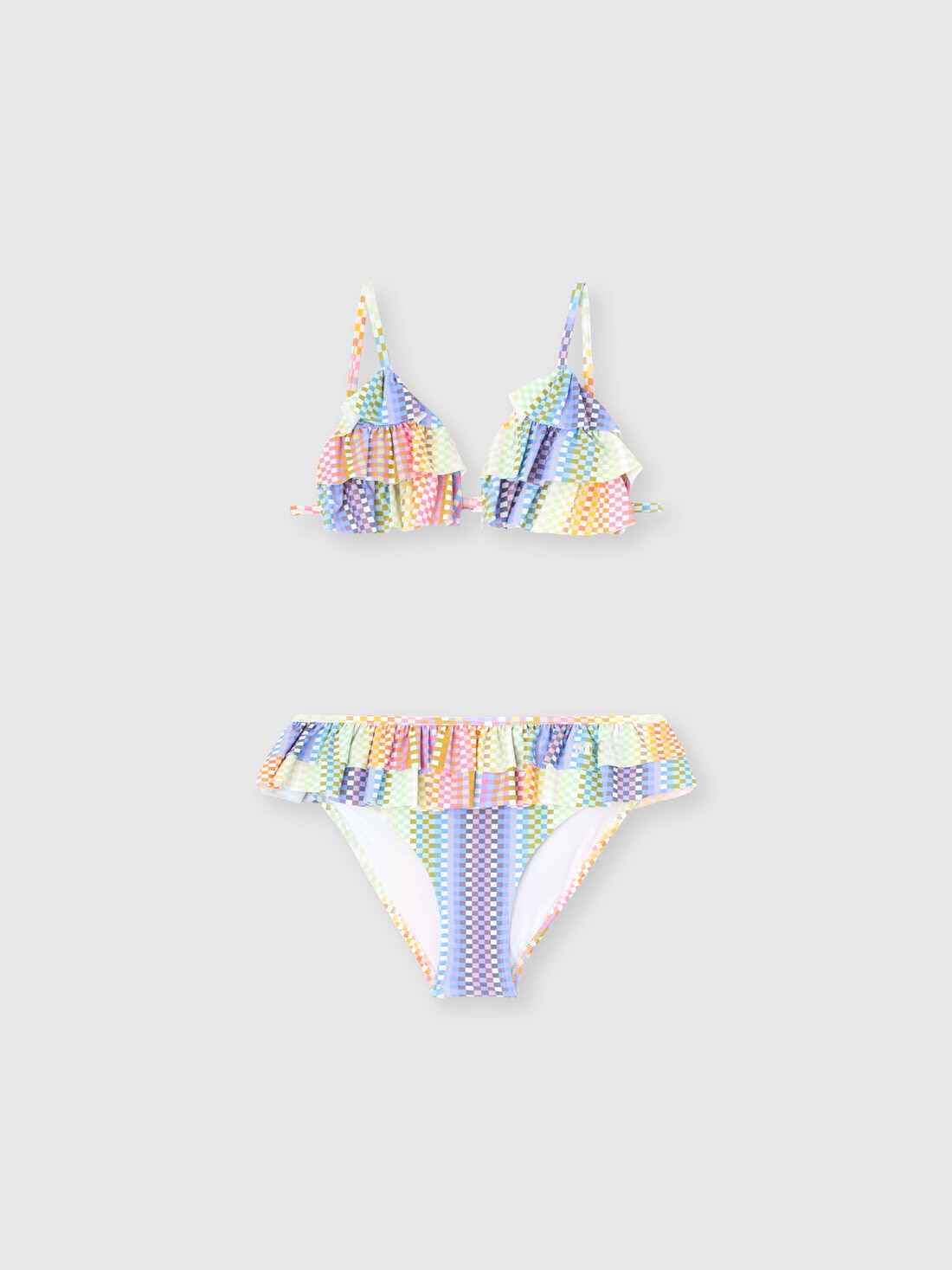 Bikini triangolo con stampa a quadretti e rouches, Multicolore  - KS25SP00BV00HMSM923 - 0
