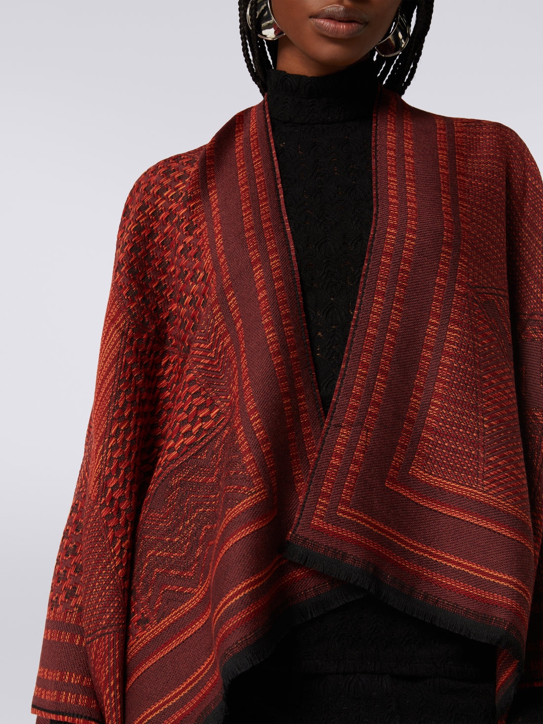 Wool knit cape with multi-worked and frayed edges Multicoloured 