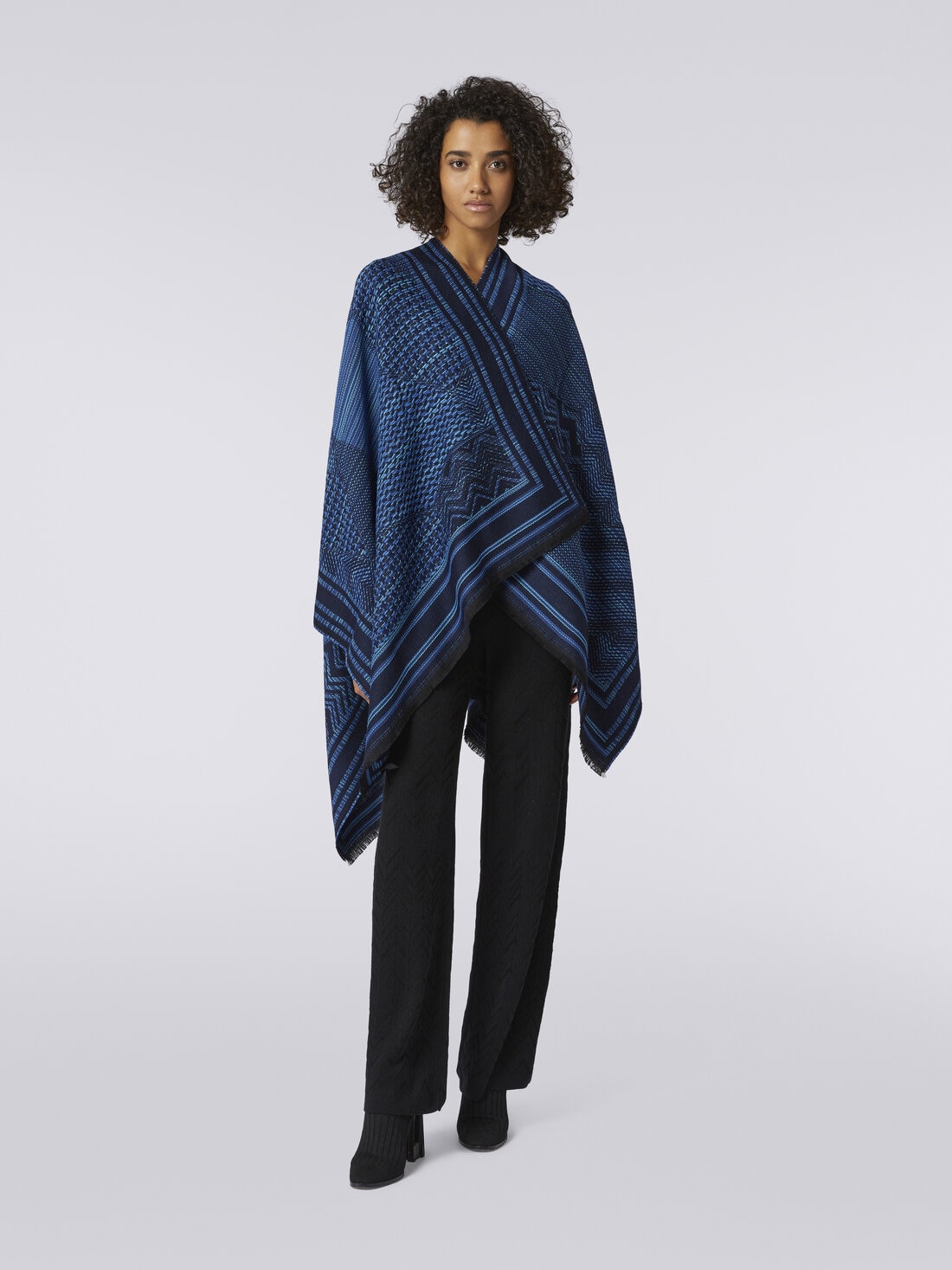 Wool knit cape with multi-worked and frayed edges, Multicoloured  - 8053147023007 - 1