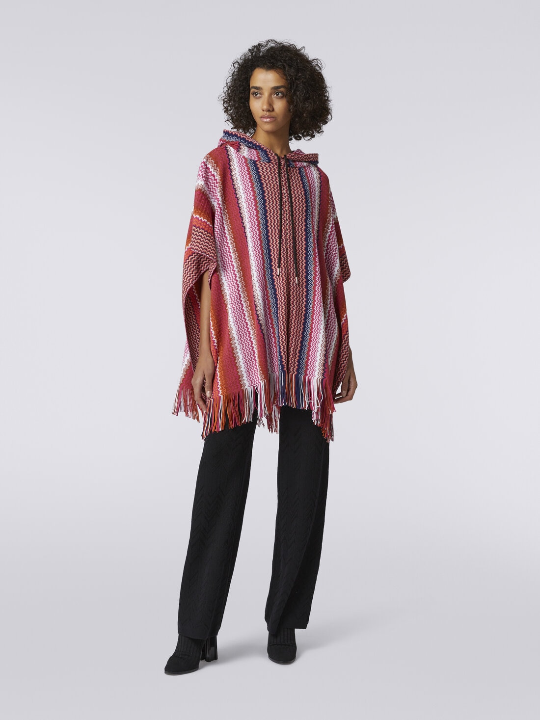 Zigzag wool blend poncho with frayed edge, Multicoloured  - 8053147023014 - 1