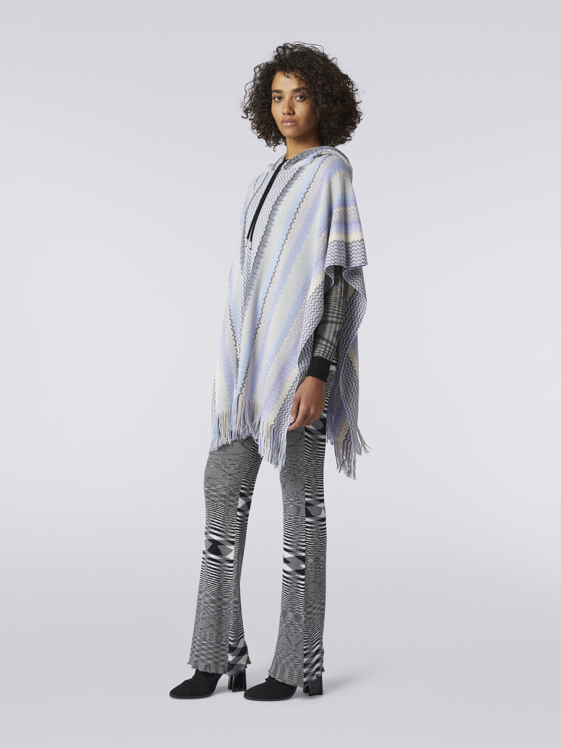 Zigzag wool blend poncho with frayed edge, Multicoloured  - 8053147023021 - 2