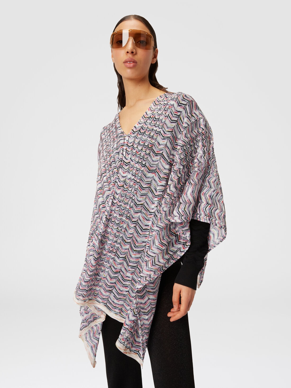 Poncho in viscose and cotton chevron knit, Multicoloured  - 8053147141190 - 3