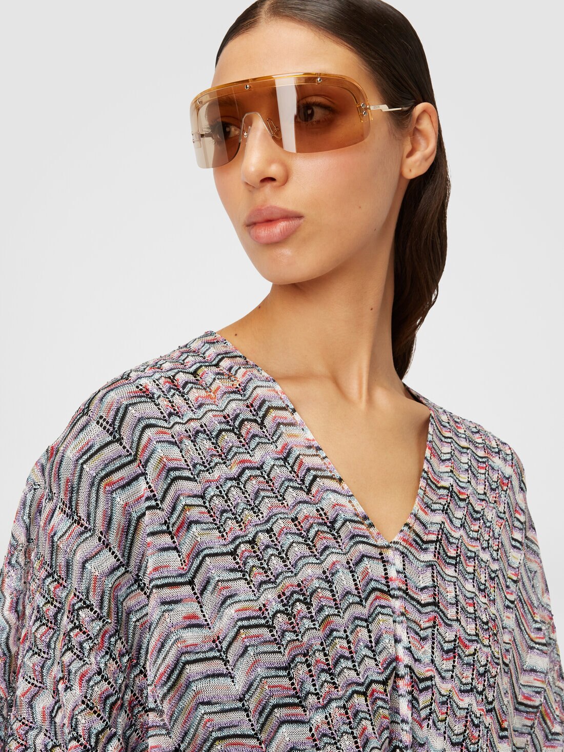 Poncho in viscose and cotton chevron knit, Multicoloured  - 8053147141190 - 4