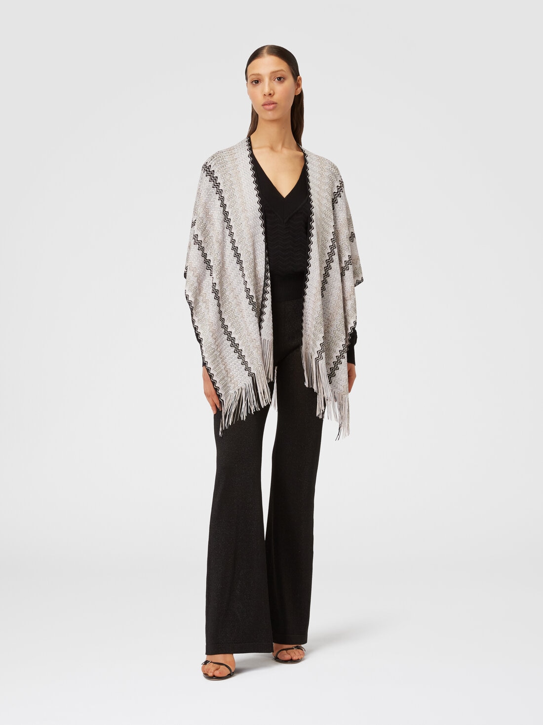 Poncho in viscose blend knit with wave pattern and fringes, Multicoloured  - 8053147141213 - 1