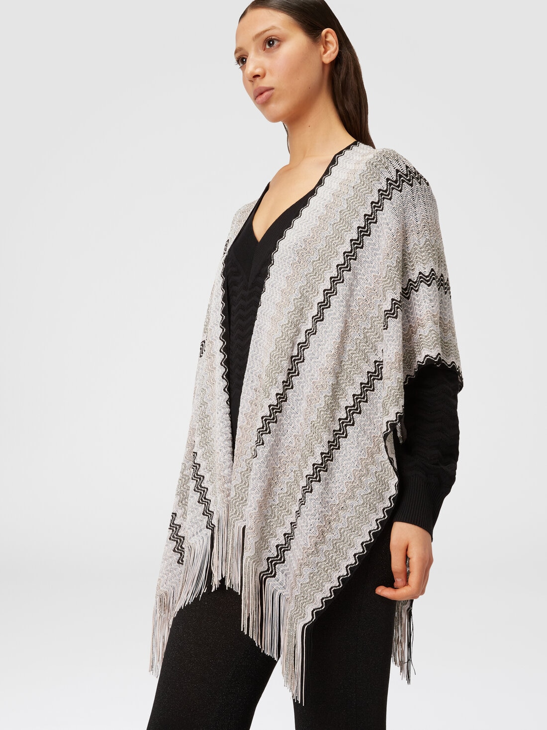 Poncho in viscose blend knit with wave pattern and fringes, Multicoloured  - 8053147141213 - 3