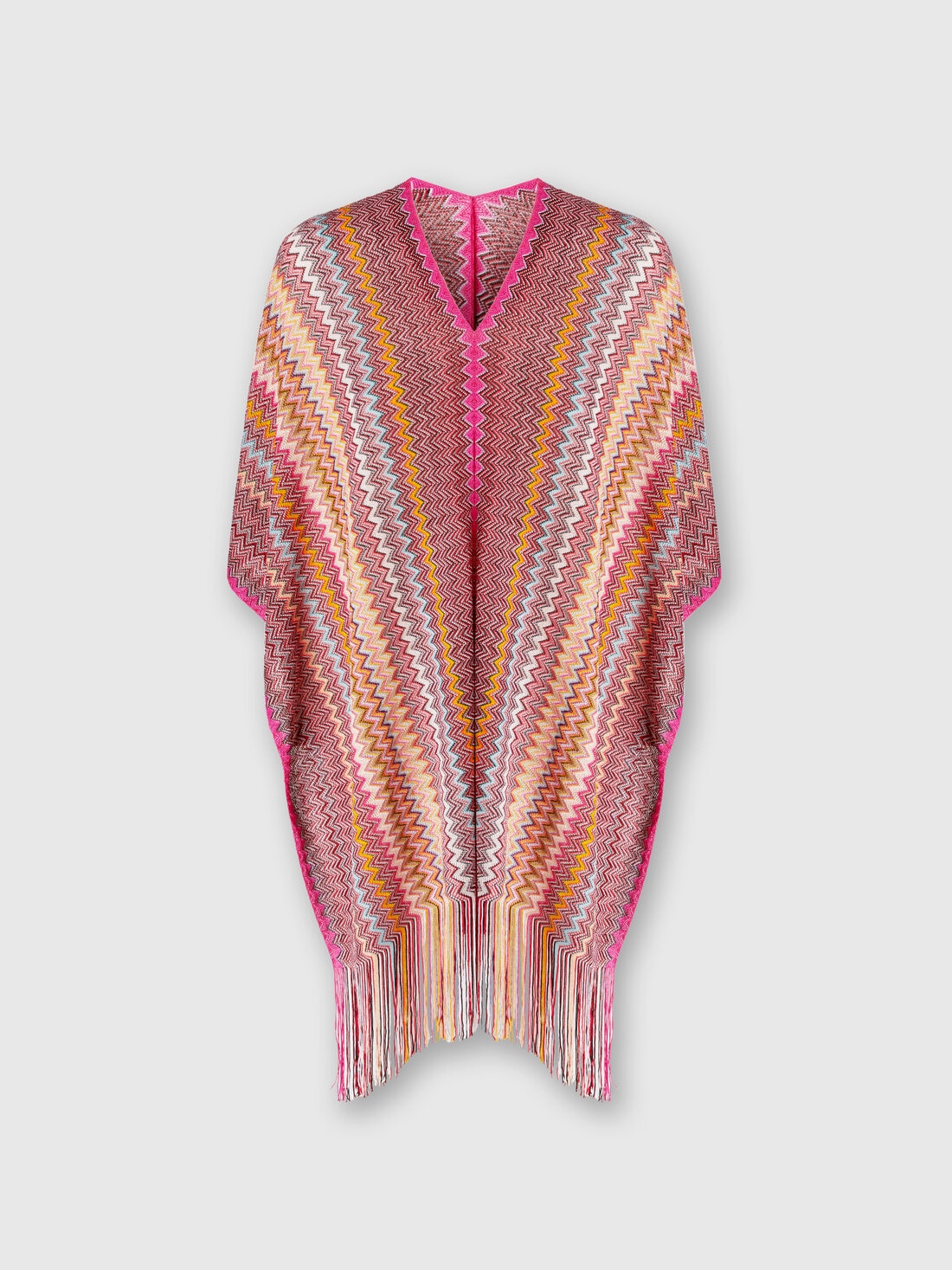 Poncho in zigzag viscose knit with fringes, Multicoloured  - 8053147141220 - 0