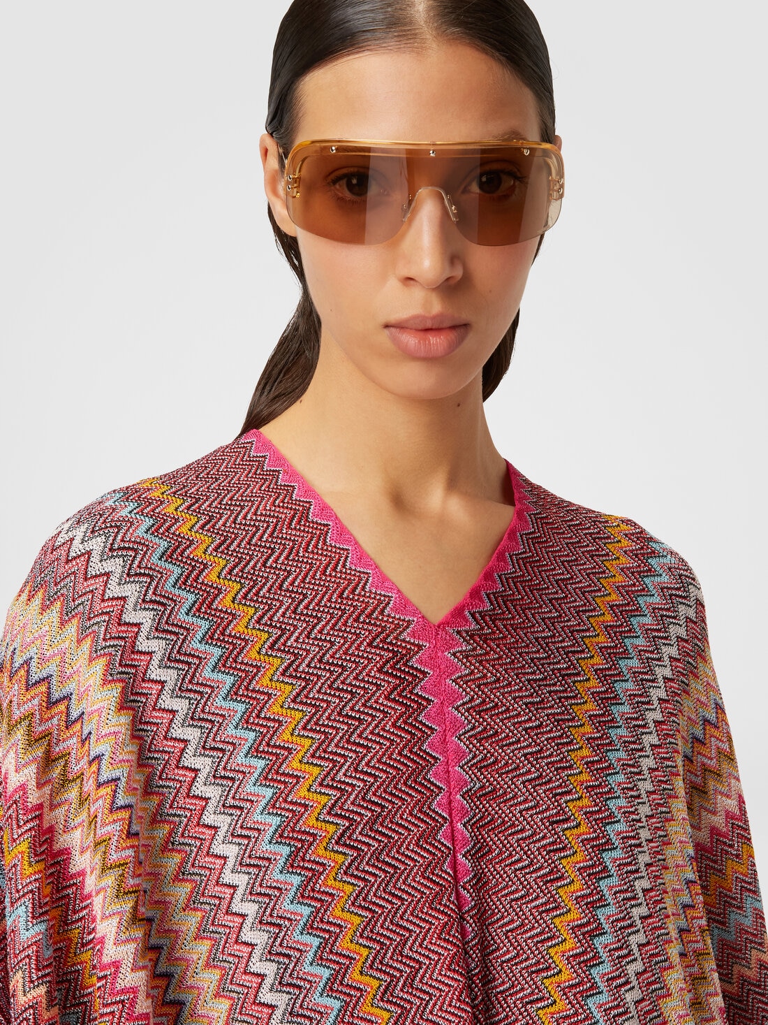 Poncho in zigzag viscose knit with fringes, Multicoloured  - 8053147141220 - 4