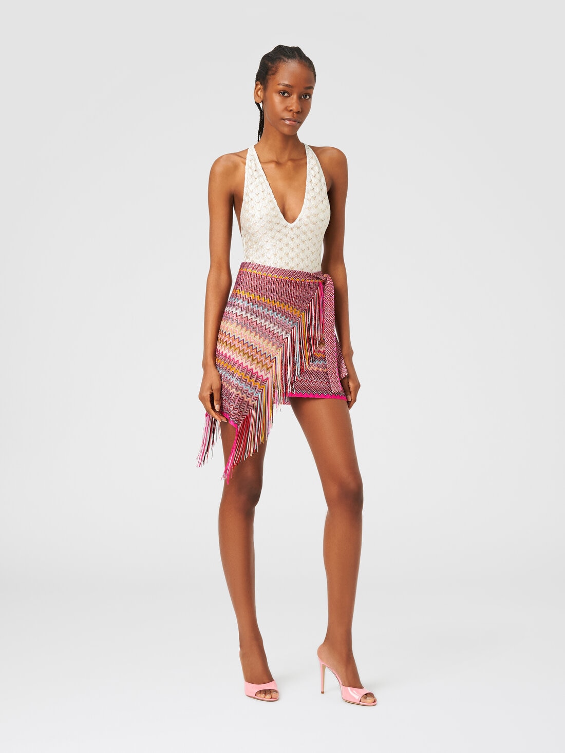 Zigzag viscose knit sarong with fringes, Multicoloured  - 8053147142128 - 1