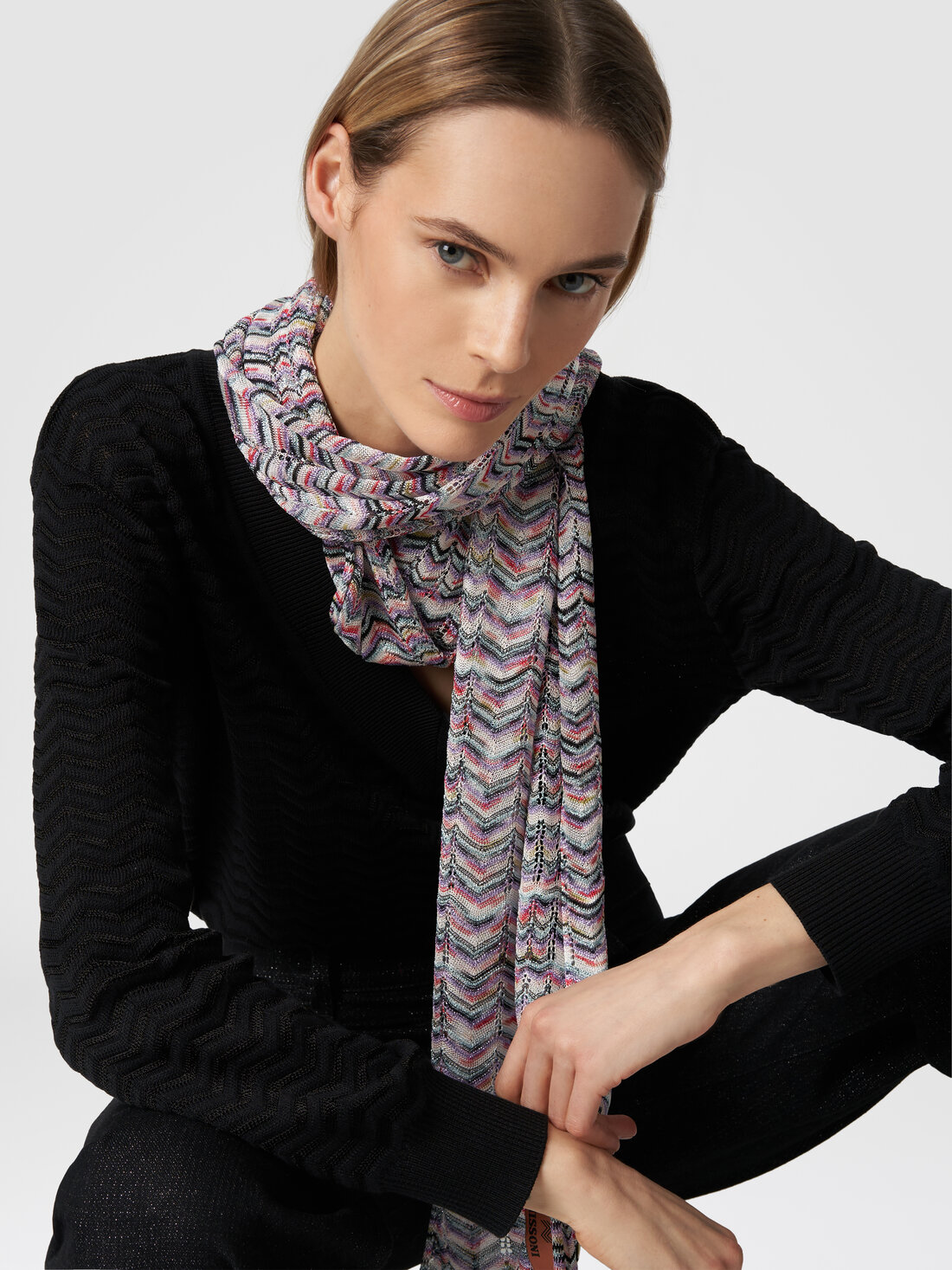 Scarf in viscose and cotton with zigzag pattern , Multicoloured  - 8053147142210 - 2