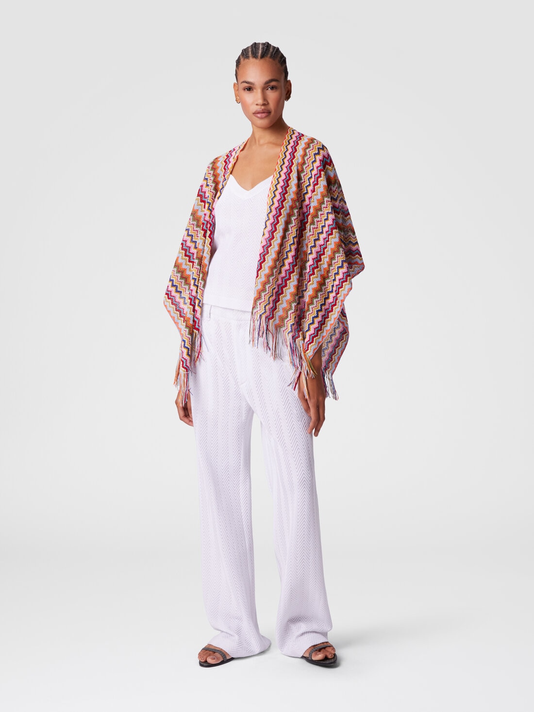 Poncho en maille avec motif chevron et franges, Multicolore  - 8053147594293 - 1