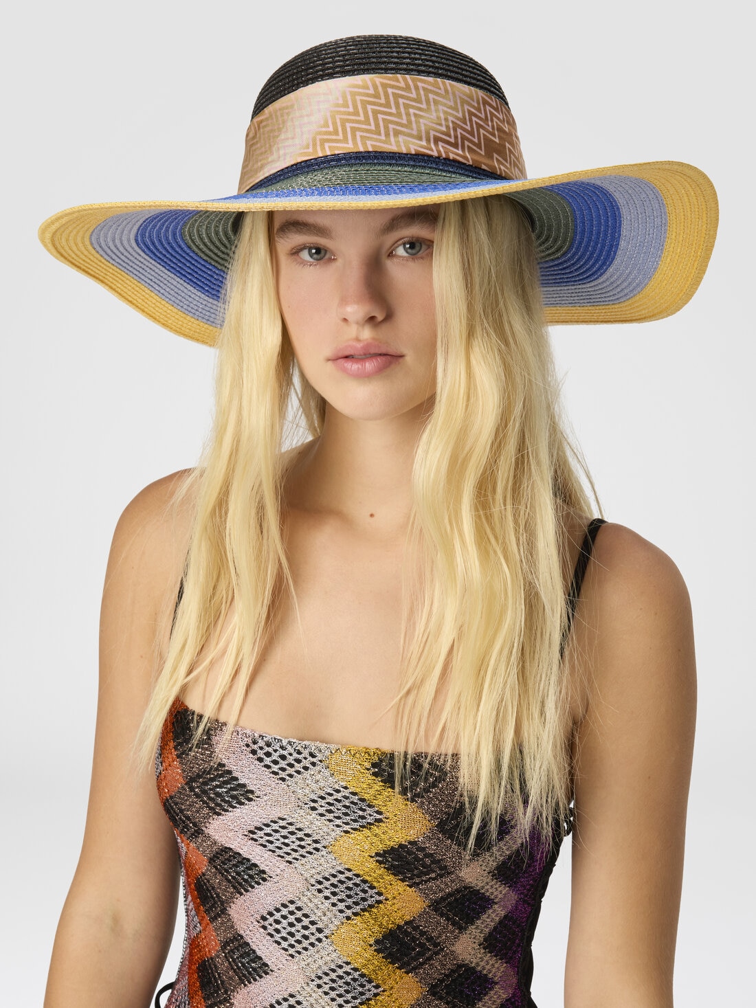 Wide Brim Straw Hat with Logo Scarf, Multicoloured  - 8053147595481 - 2