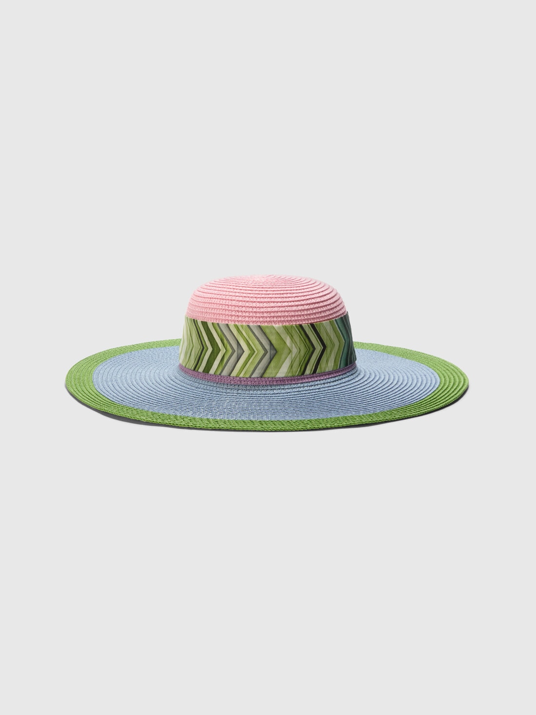 Wide Brim Straw Hat with Geometric Scarf, Multicoloured  - 8053147595498 - 0