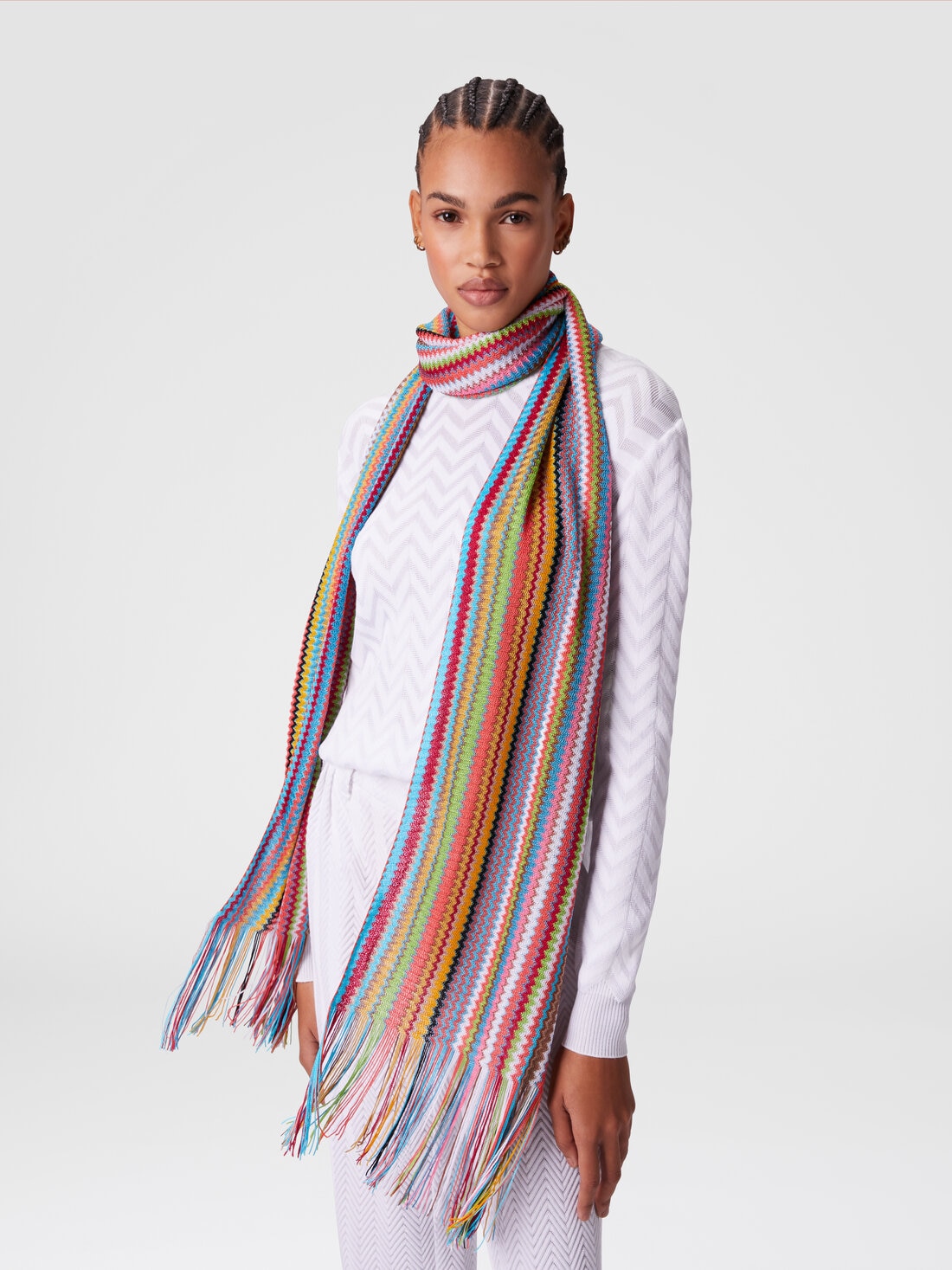 100% viscose scarf with zigzag pattern and fringes, Multicoloured  - 8053147595726 - 2