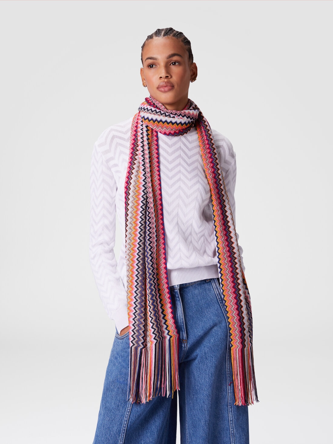 100% viscose scarf with chevron pattern and fringes, Multicoloured  - 8053147595733 - 2