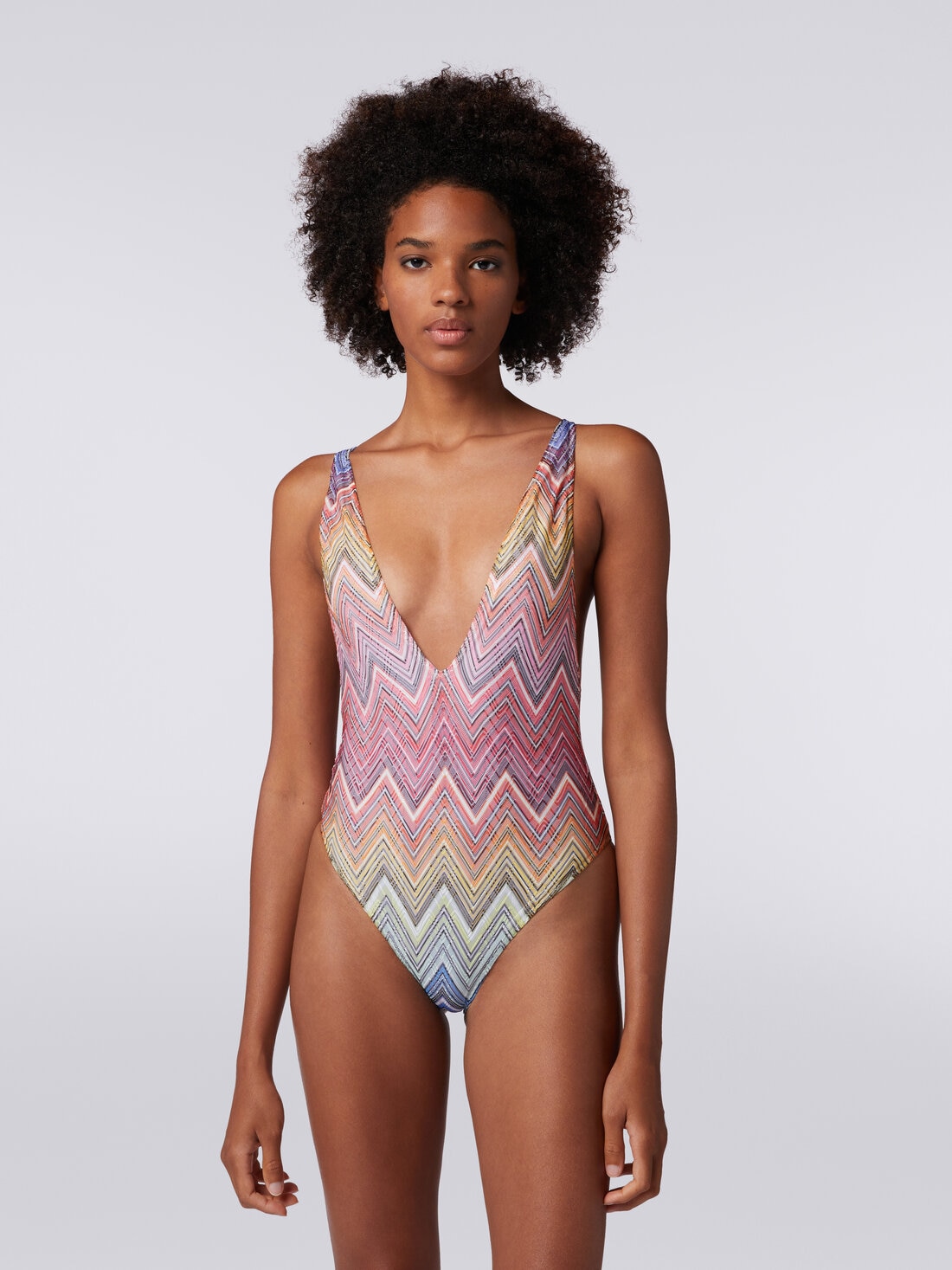One-piece swimming costume in zigzag print fabric, Multicoloured  - MC22SP03BR00THS4157 - 1
