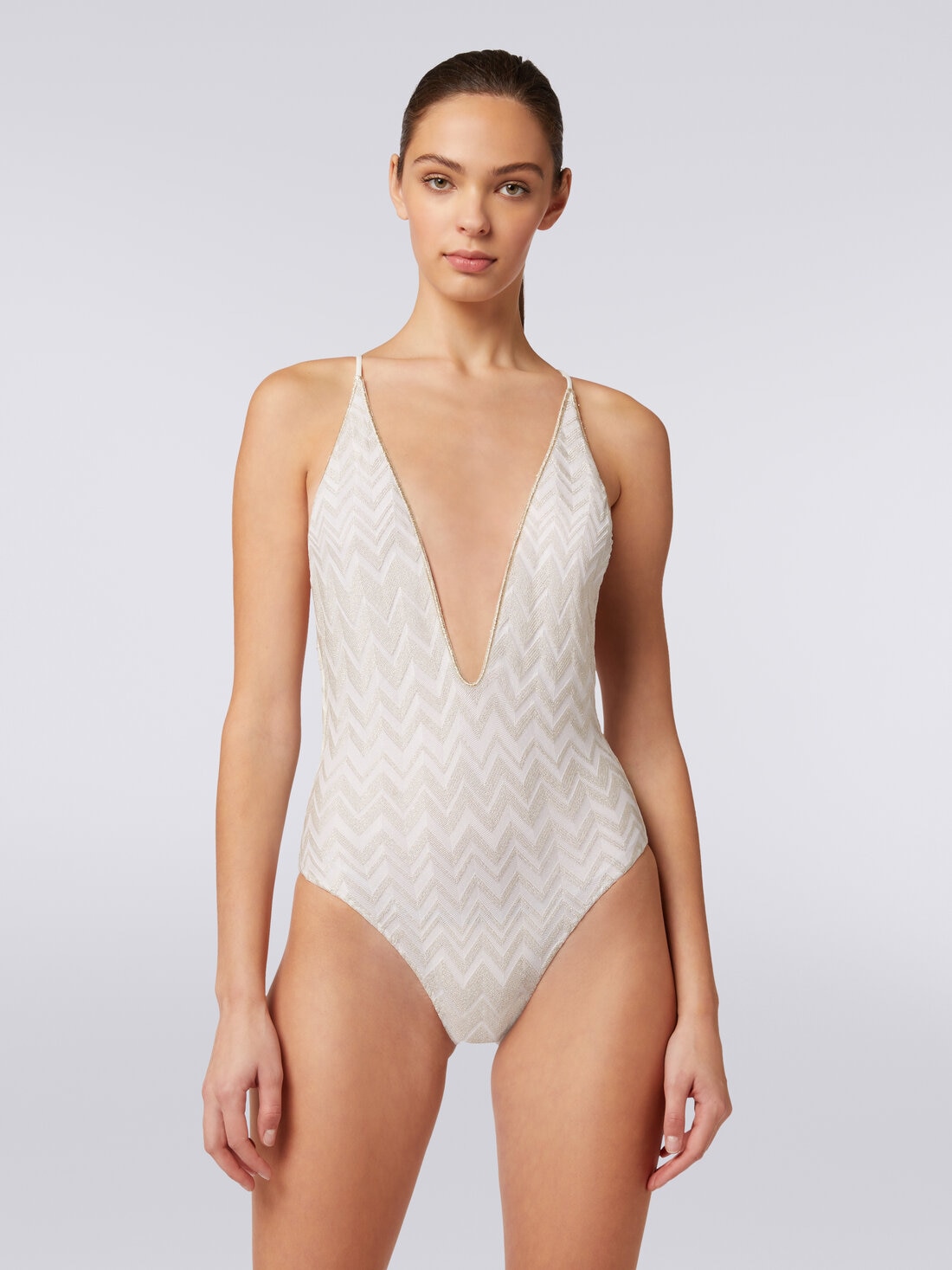 Maillot de bain une pièce avec motif chevrons ton sur ton lamé, Blanc  - MC22SP03BR00YIS01CF - 1