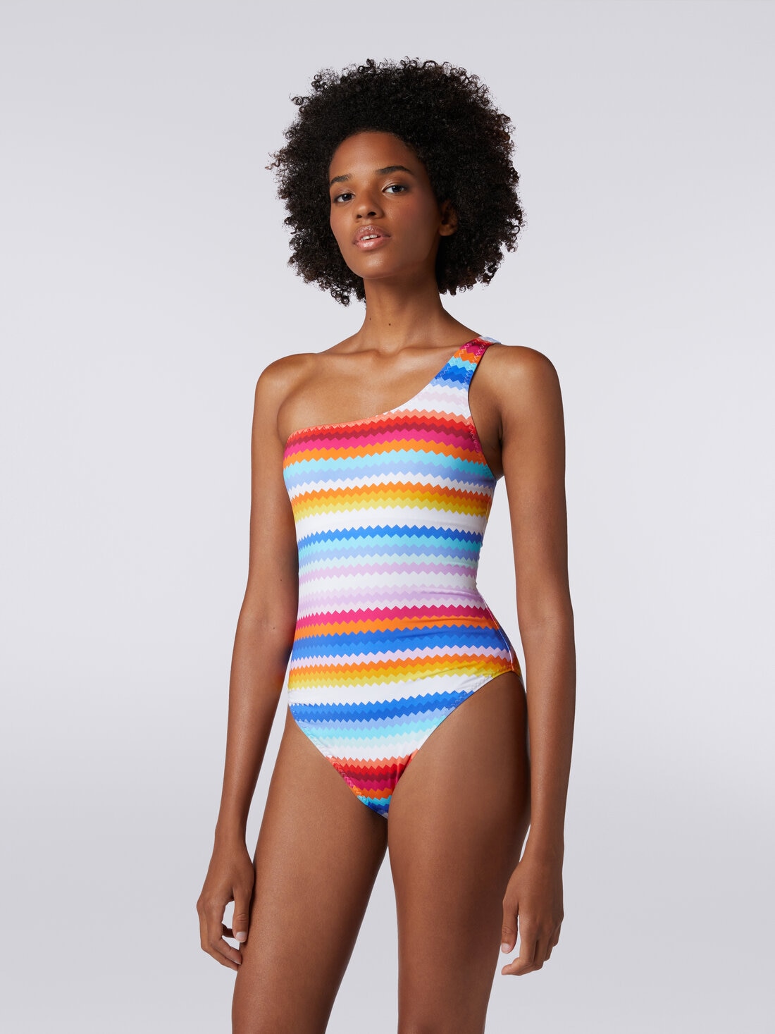 Zigzag print one-shoulder one-piece swimming costume, Multicoloured  - MC22SP04BJ00J7SM99F - 1