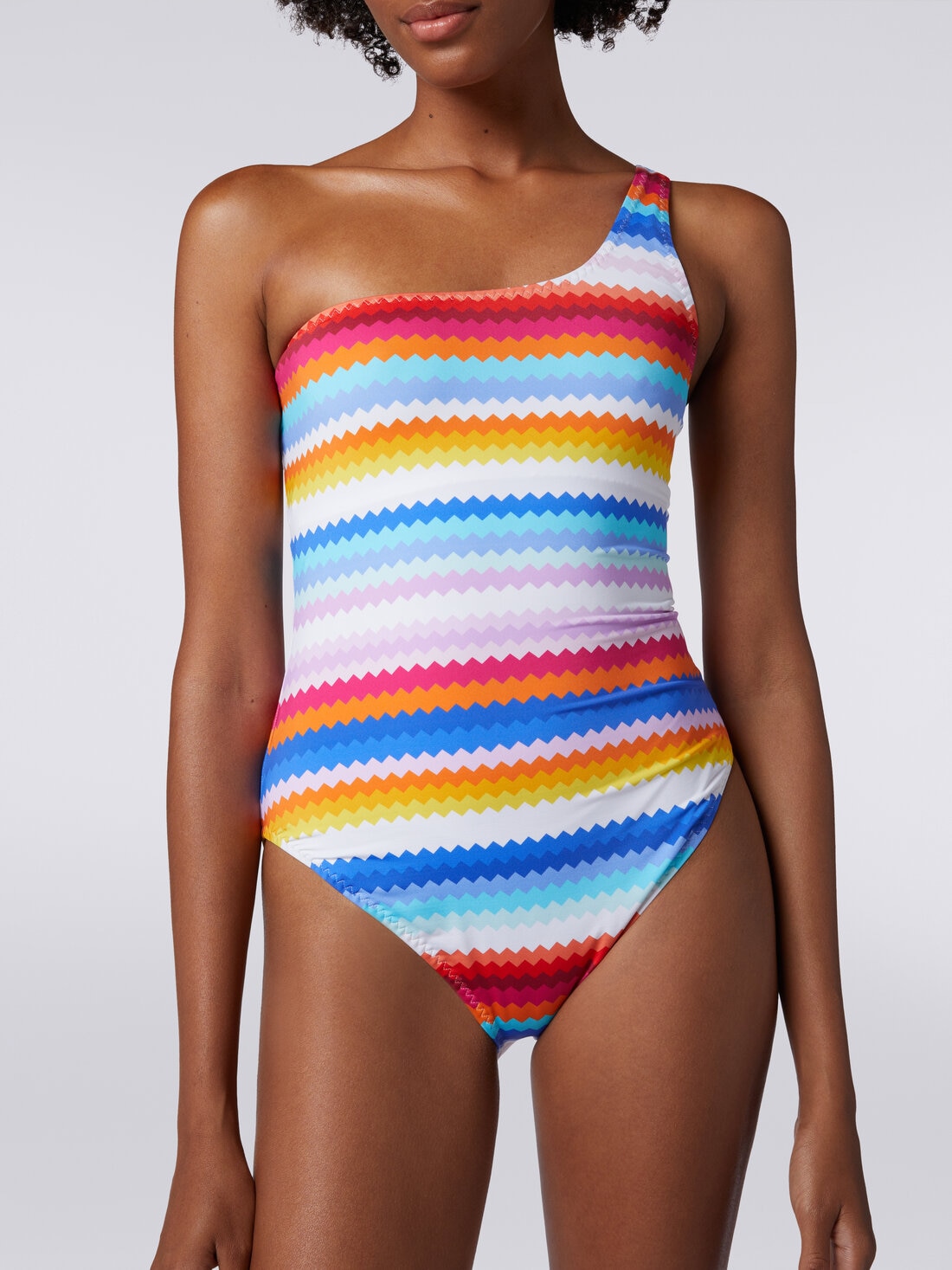 Zigzag print one-shoulder one-piece swimming costume, Multicoloured  - MC22SP04BJ00J7SM99F - 4