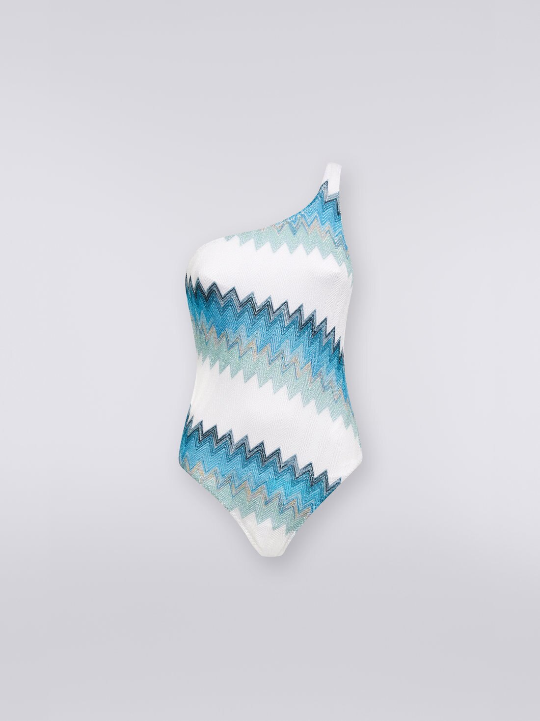 One-piece one-shoulder chevron swimming costume with lamé, White, Blue & Sky Blue - 8051575742484 - 0
