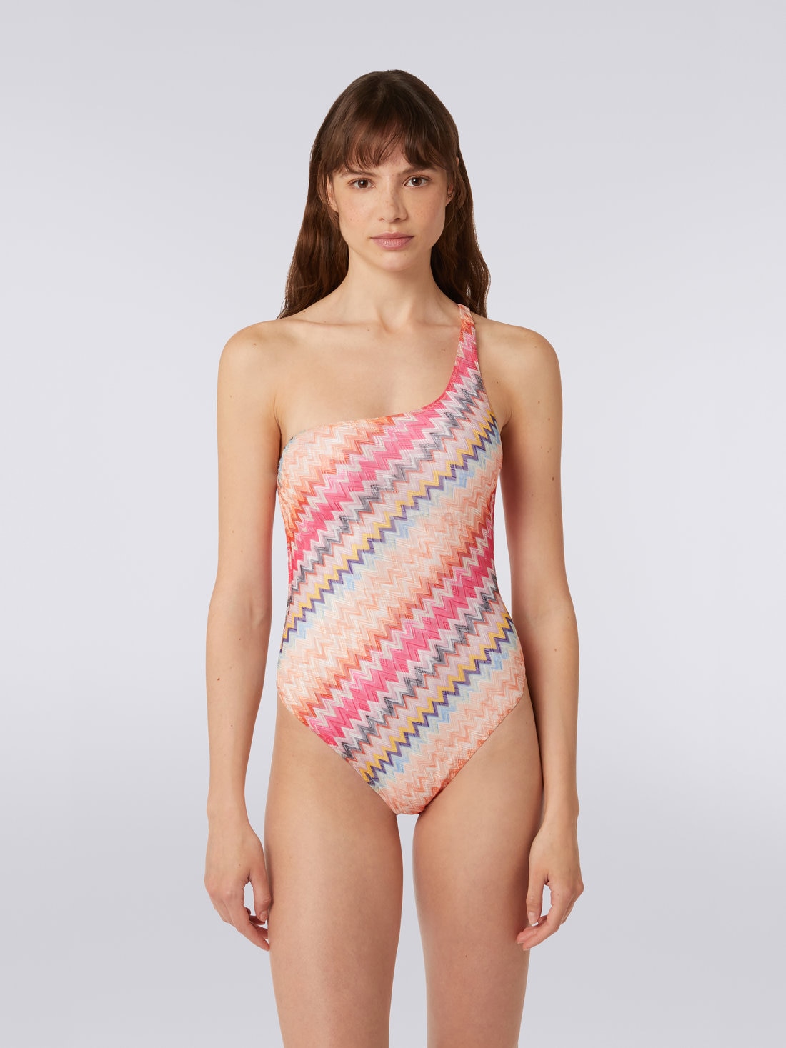 One-shoulder one-piece swimming costume in chevron viscose, PINK SHADE CHEVRON - MC22SP04BR00T6S30C7 - 1