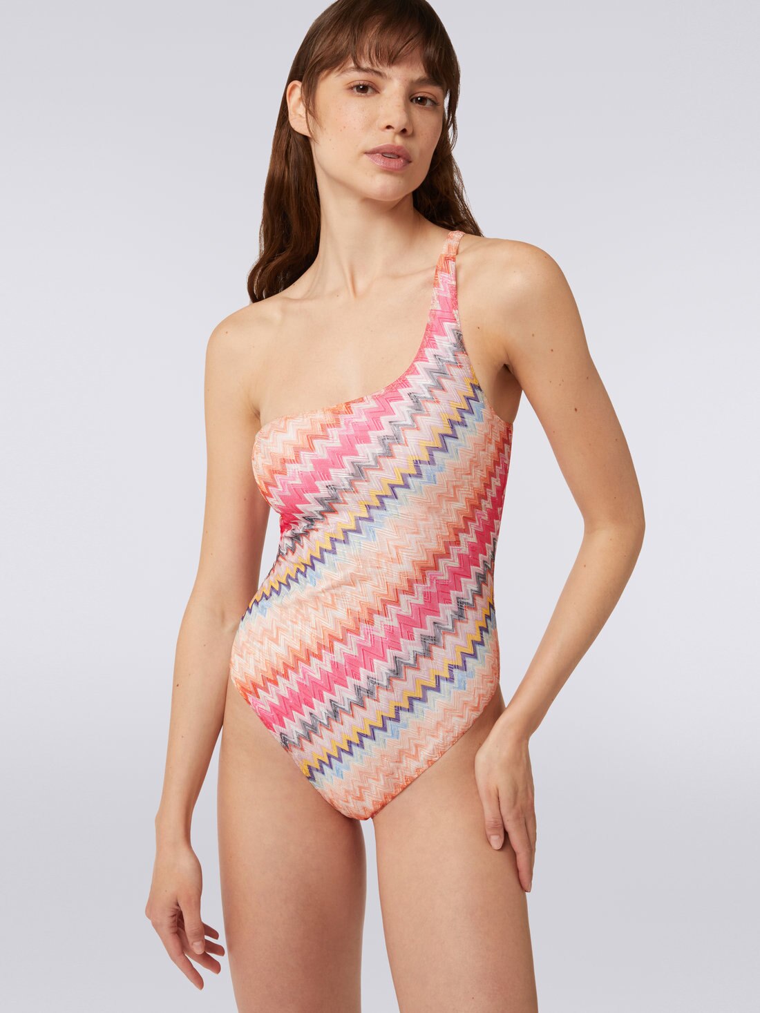 One-shoulder one-piece swimming costume in chevron viscose PINK