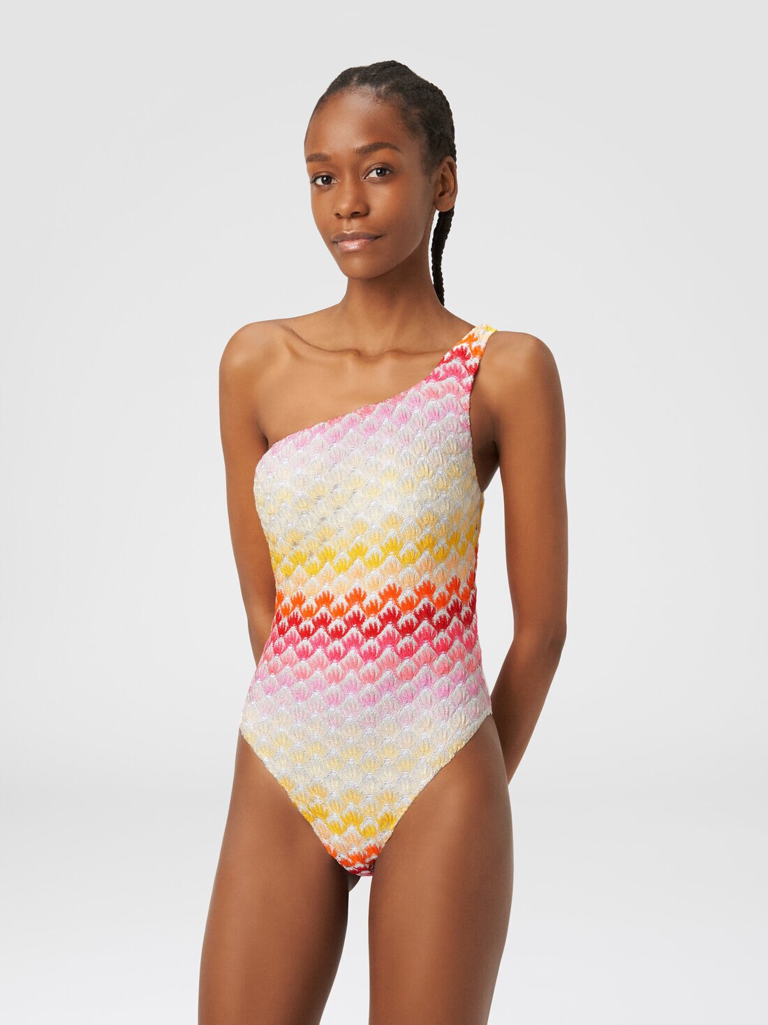 Lace effect one shoulder one piece swimming costume with lurex Red Missoni