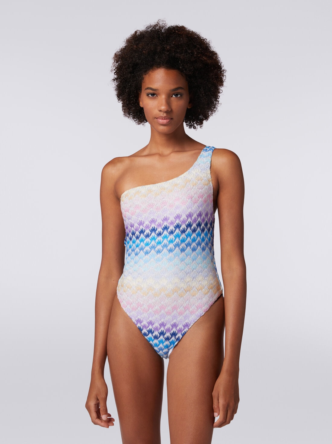 Lace effect one shoulder one piece swimming costume with lurex Blue Missoni