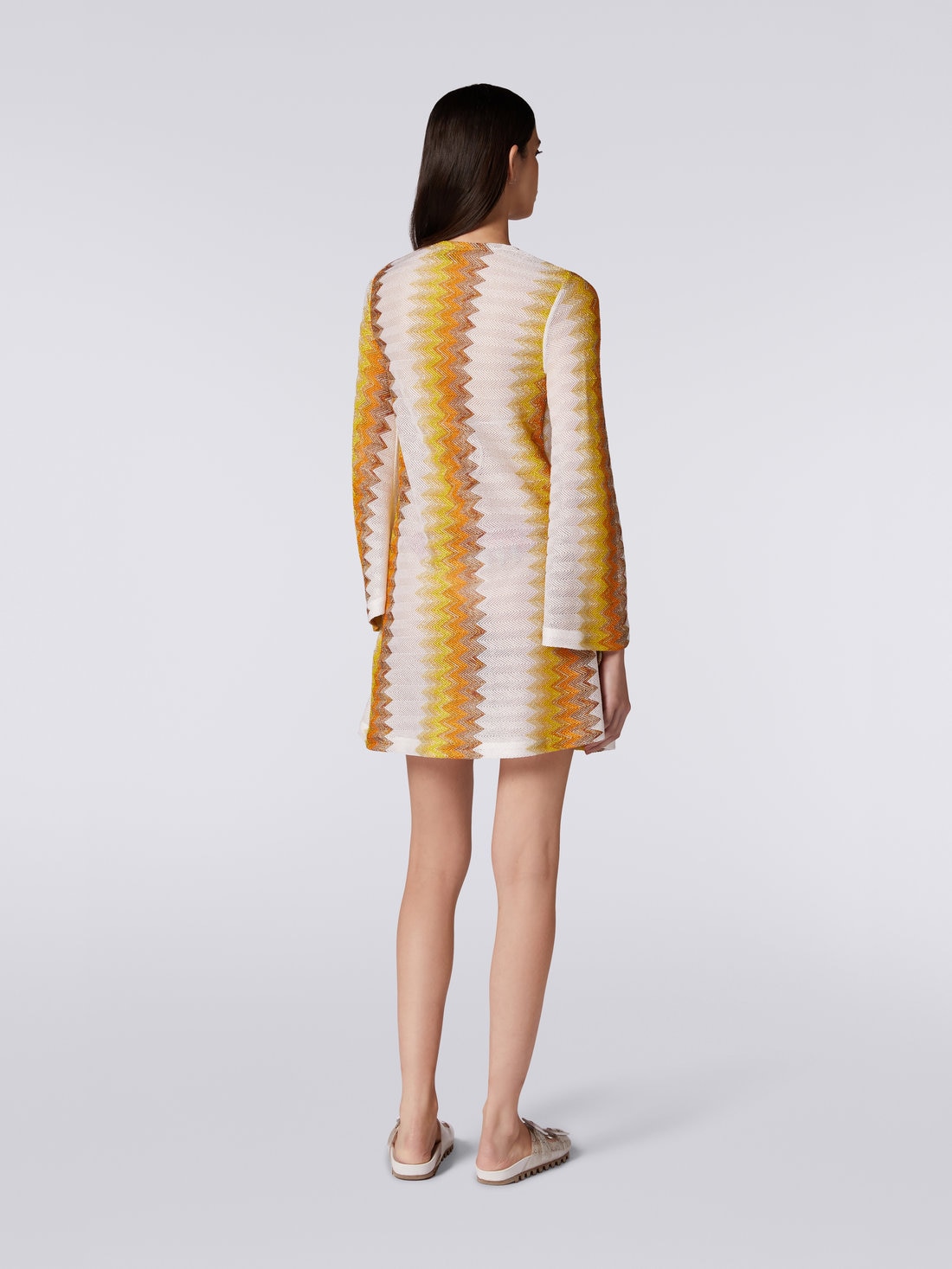 Long-sleeved kaftan in viscose blend with zigzag lamé, White, Yellow & Ochre - 8051575722455 - 3