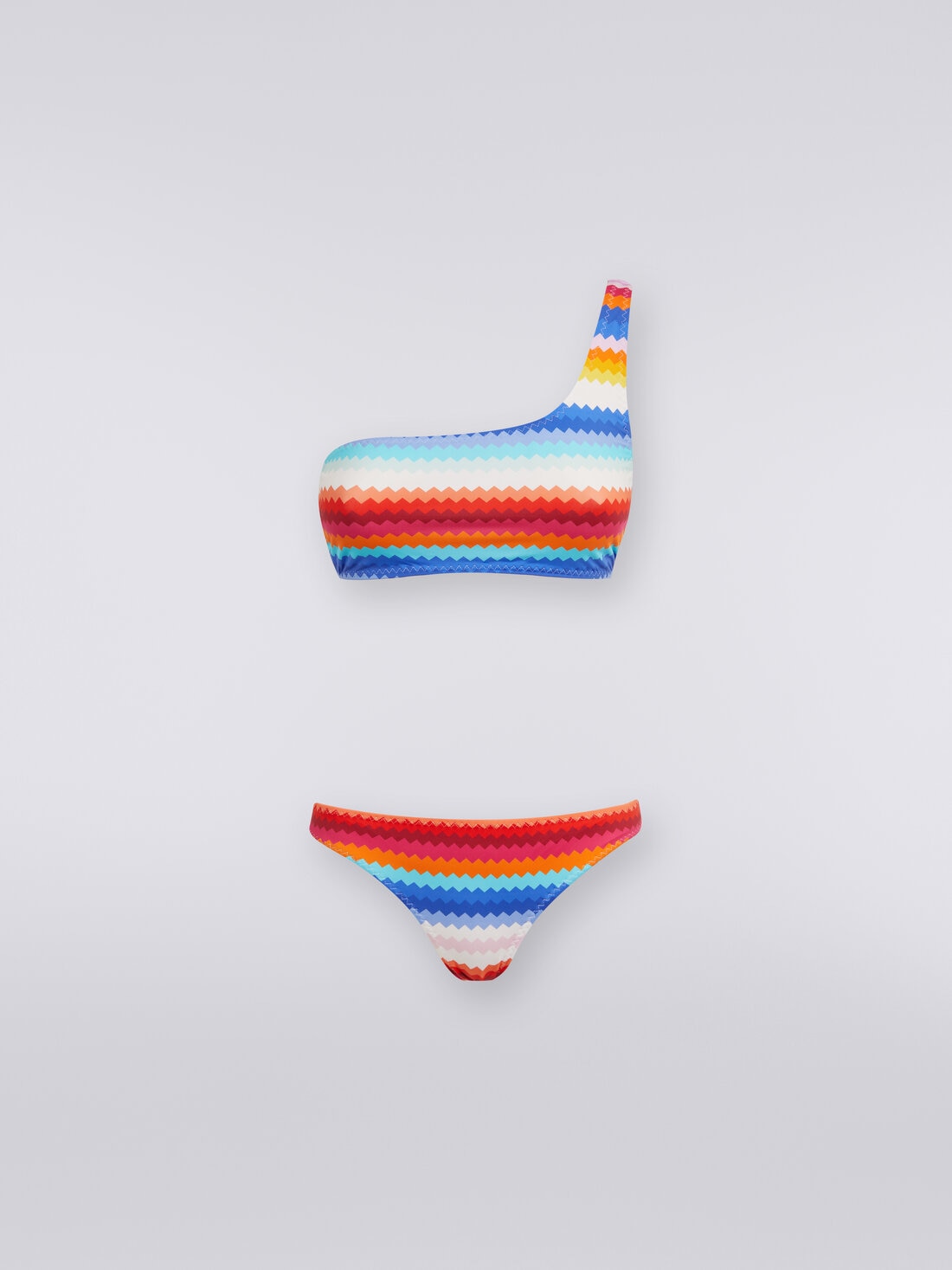 One-shoulder bikini in zigzag print stretch nylon, Multicoloured  - MC23SP02BJ00J7SM99F - 0