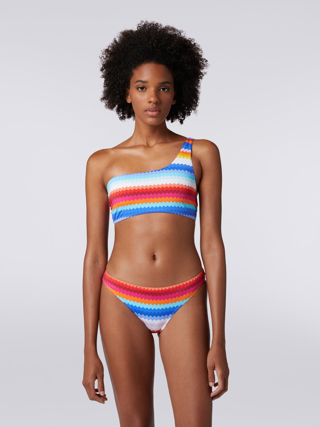 One-shoulder bikini in zigzag print stretch nylon, Multicoloured  - MC23SP02BJ00J7SM99F - 1