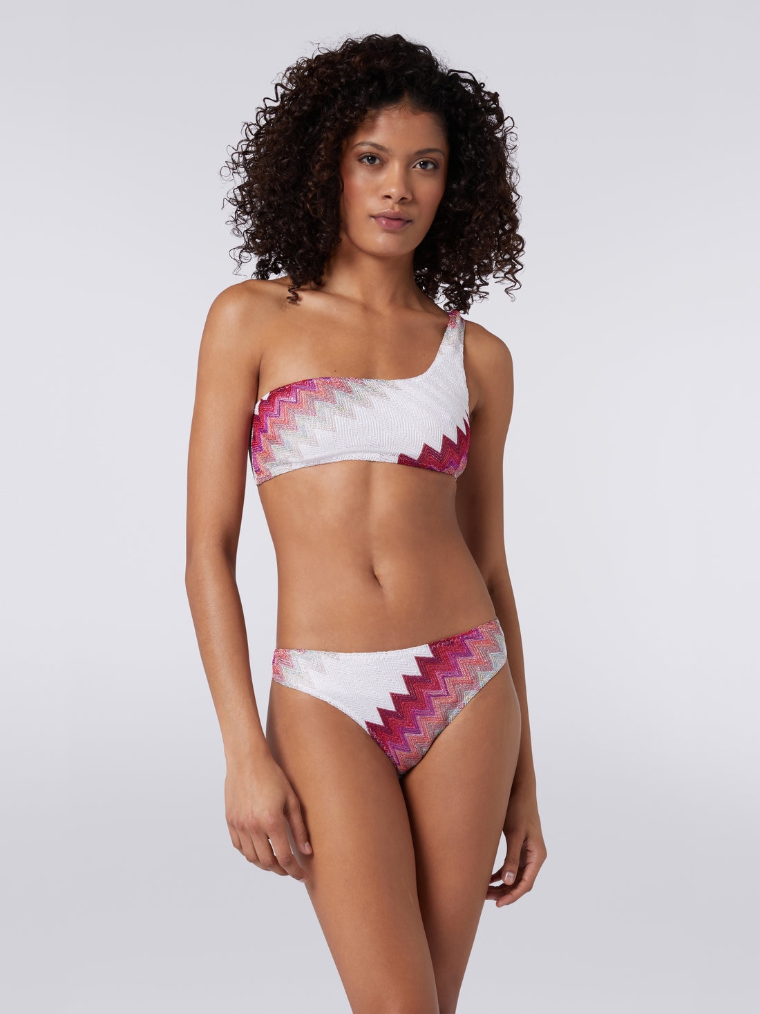 One-shoulder bikini with zigzag and lamé, White, Pink & Fuchsia - MC23SP02BR00JJS30AI - 1
