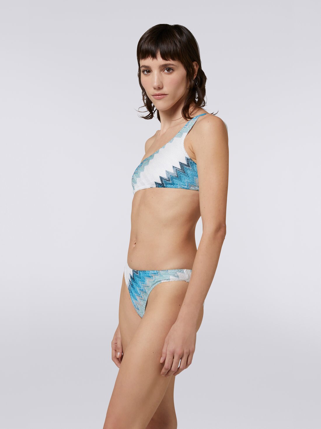 One-shoulder bikini with zigzag and lamé, White, Blue & Sky Blue - MC23SP02BR00JJS728C - 2