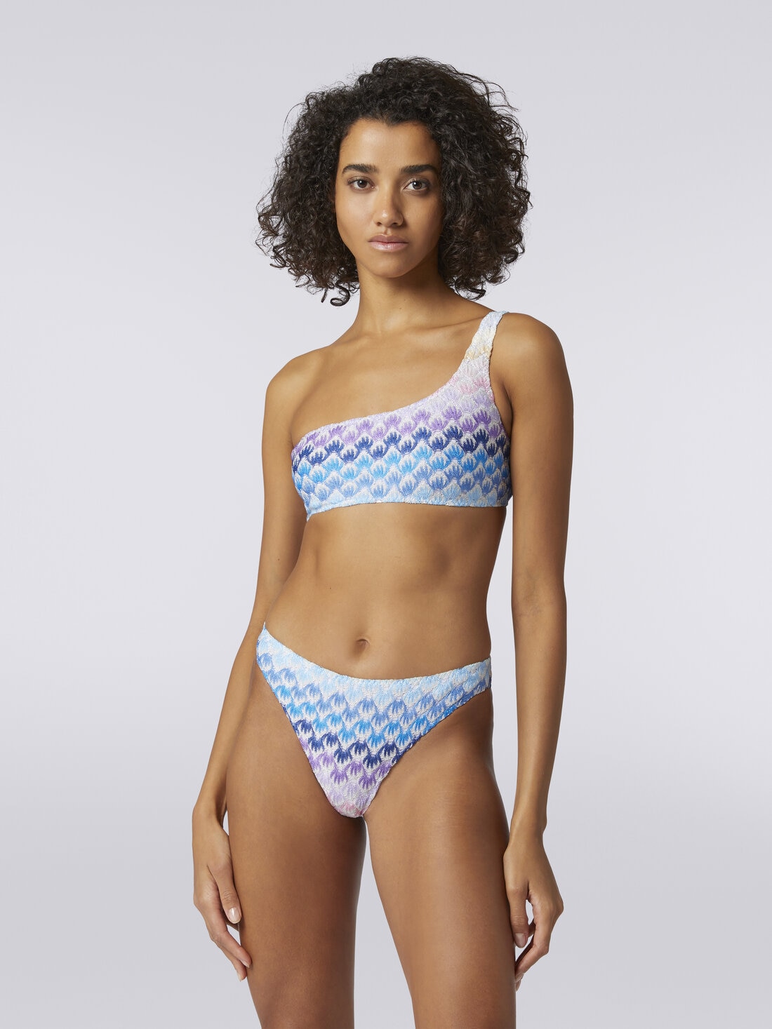 Bikini à épaule dénudée à effet dentelle dégradé avec lurex, Bleu - MC23SP02BR00TDS72EB - 1