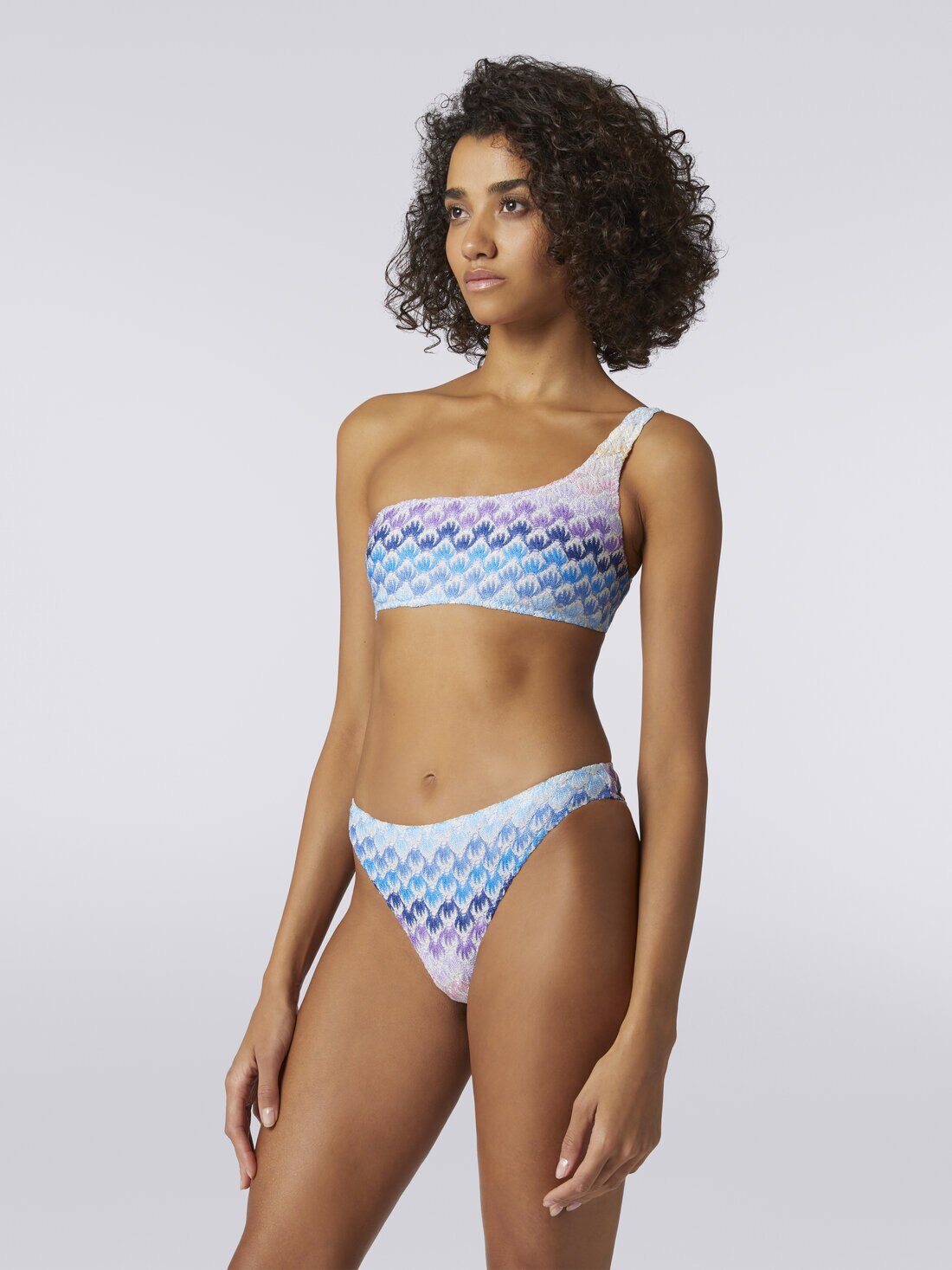 Bikini à épaule dénudée à effet dentelle dégradé avec lurex, Bleu - MC23SP02BR00TDS72EB - 2