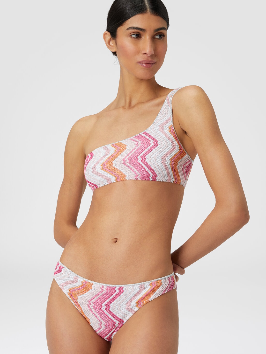 One-shoulder viscose blend chevron bikini with lurex Pink | Missoni