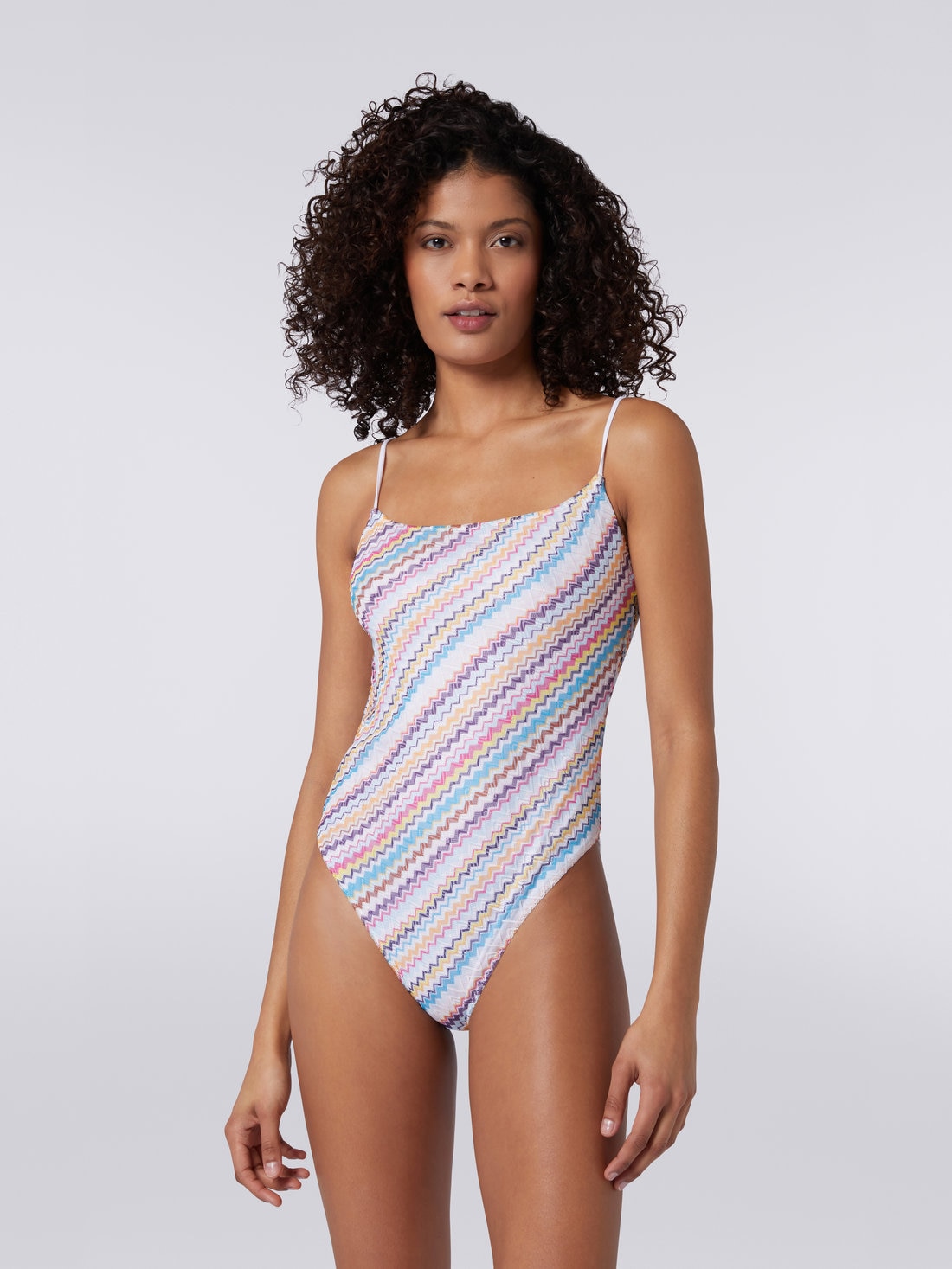 Zigzag knit one-piece swimming costume with thin adjustable straps, Multicoloured - MC23SP03BR00K4SM8NQ - 1