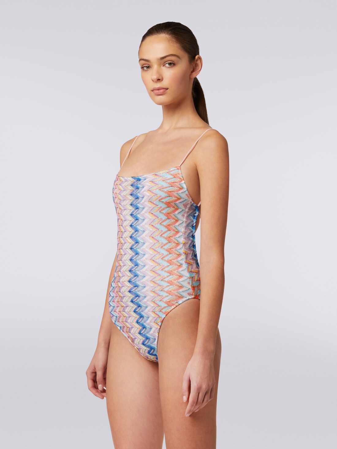One-piece lamé swimming costume with thin adjustable straps, Multicoloured  - MC23SP03BR00XHSM9D8 - 2