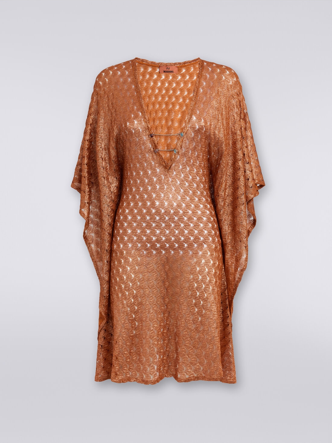 Short lace-effect cover up kaftan, Brown Lamé - MC23SQ03BR00TC71052 - 0