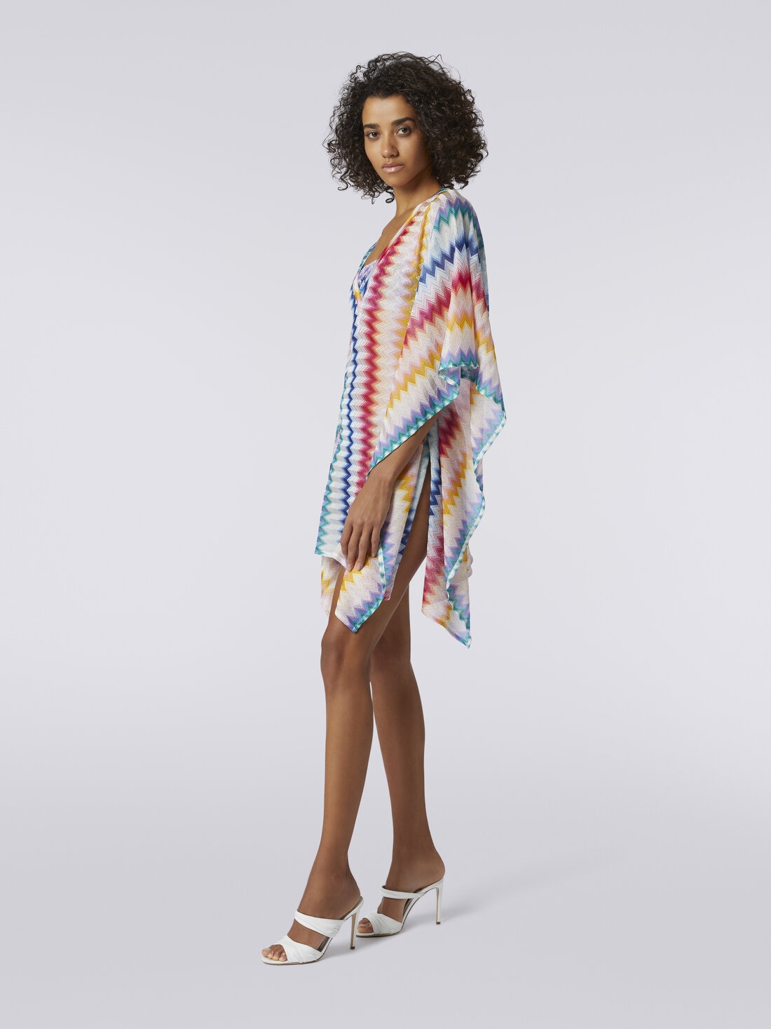 Short cover up kaftan in zigzag viscose with lurex, Multicoloured  - MC23SQ03BR00TFSM99G - 2
