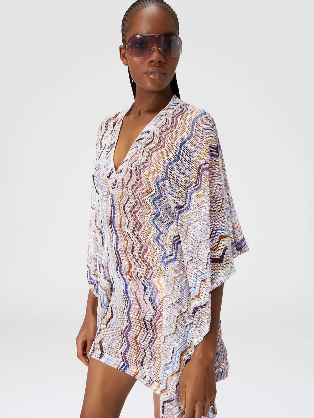 Short cover up kaftan in zigzag crochet with lurex, Multicoloured  - MC23SQ03BR00TISM99J - 3