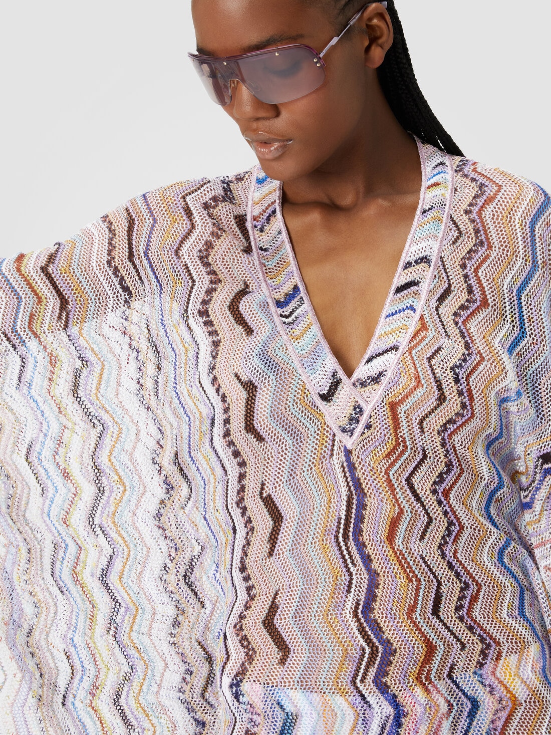 Caftan court en crochet à zig zag avec lurex, Multicolore  - MC23SQ03BR00TISM99J - 4