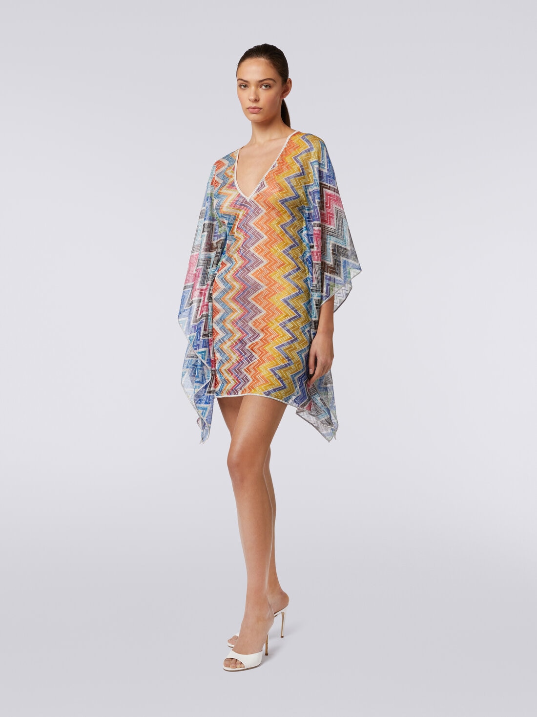 Short zigzag cover-up kaftan with lurex, Multicoloured  - MC23SQ03BR00XGSM9D7 - 2