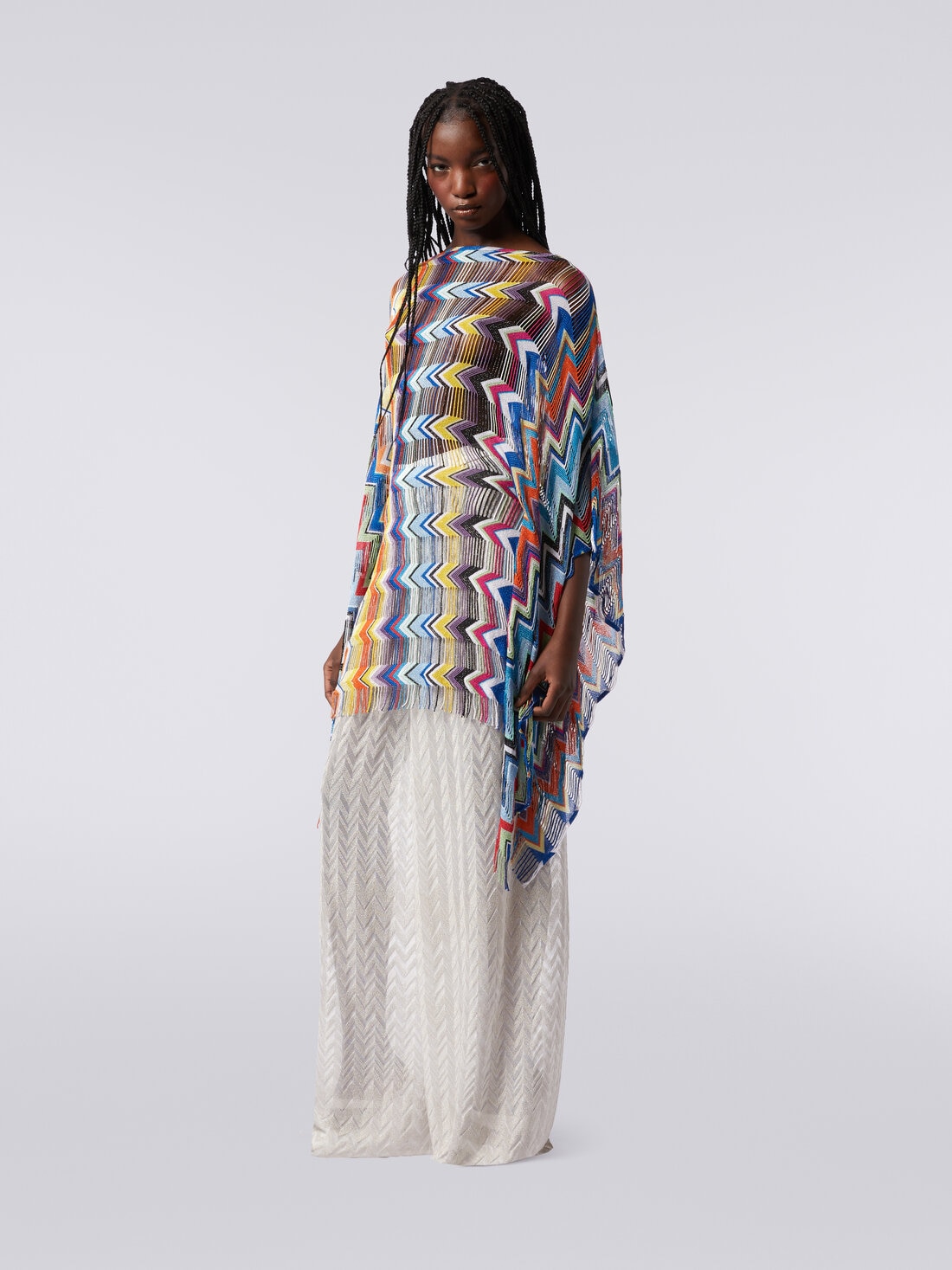 Short viscose cover-up kaftan with fringes, Multicoloured  - MC23SQ04BR00XISM9D9 - 2
