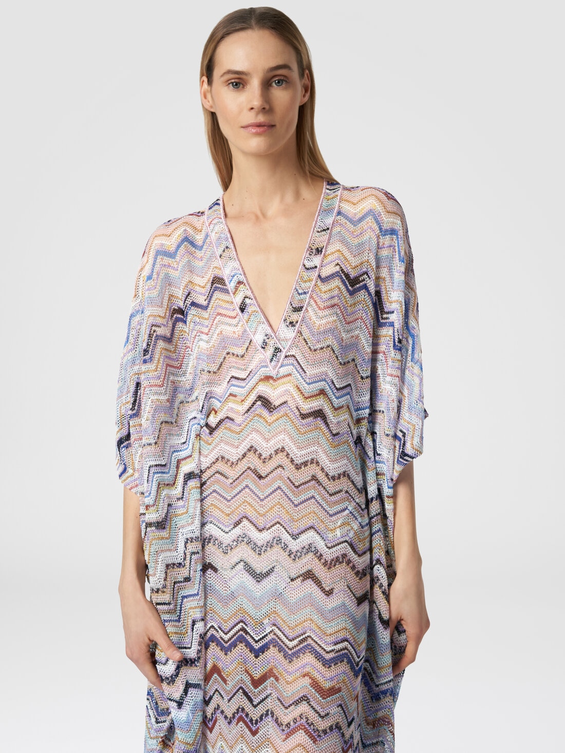 Long cover up kaftan in zigzag viscose with lurex, Multicoloured  - MC23SQ05BR00TISM99J - 3