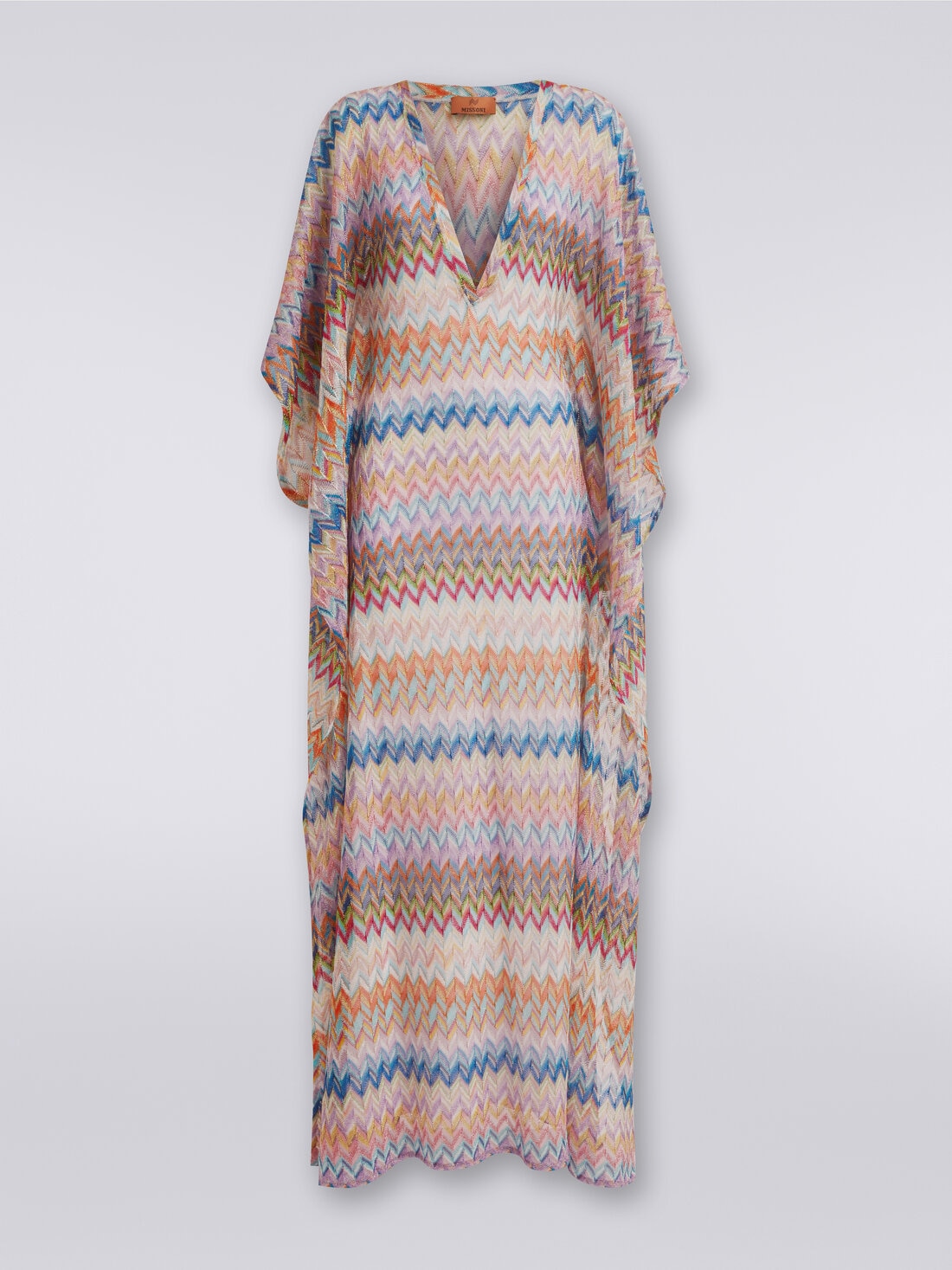 Long V-neck cover-up kaftan with lurex, Multicoloured  - MC23SQ05BR00XHSM9D8 - 0