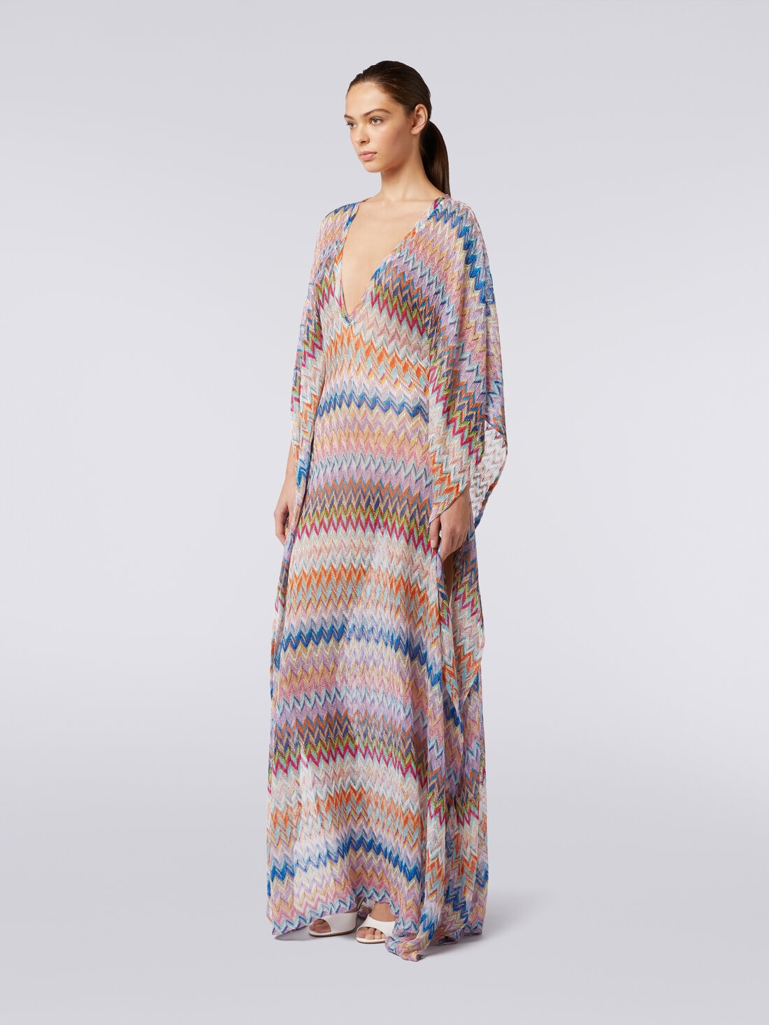 Long V-neck cover-up kaftan with lurex, Multicoloured  - MC23SQ05BR00XHSM9D8 - 2