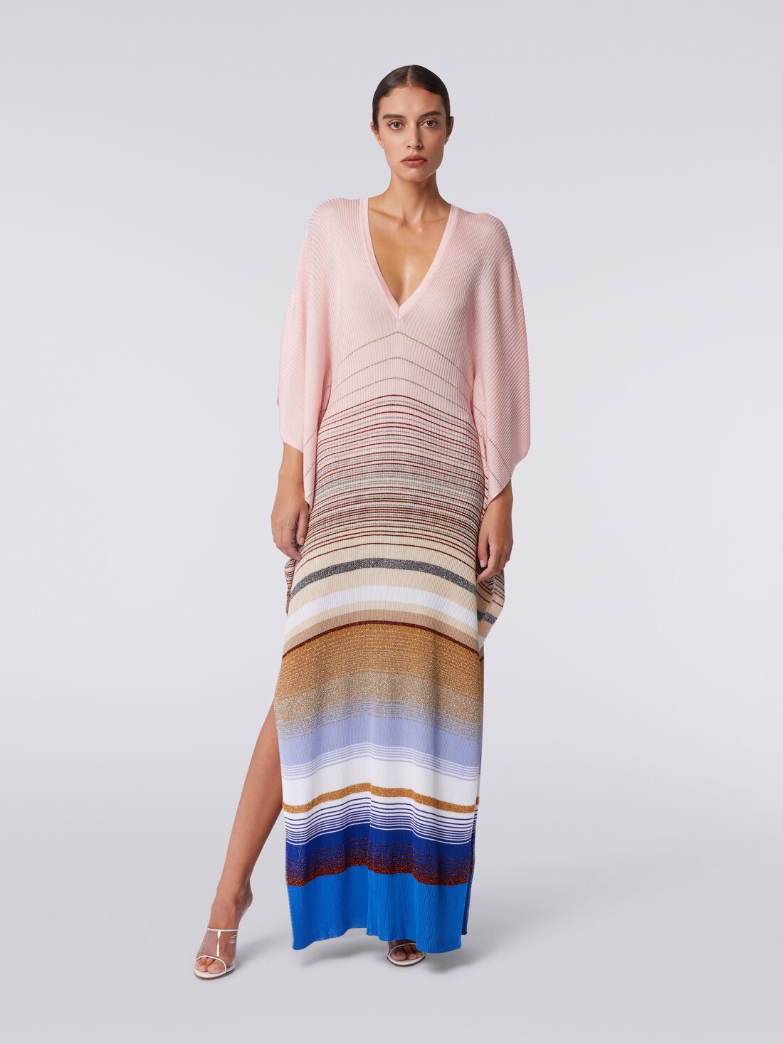 Long cover up kaftan in striped ribbed knit with lurex, Multicoloured  - MC23SQ05BT006SSM99L - 1