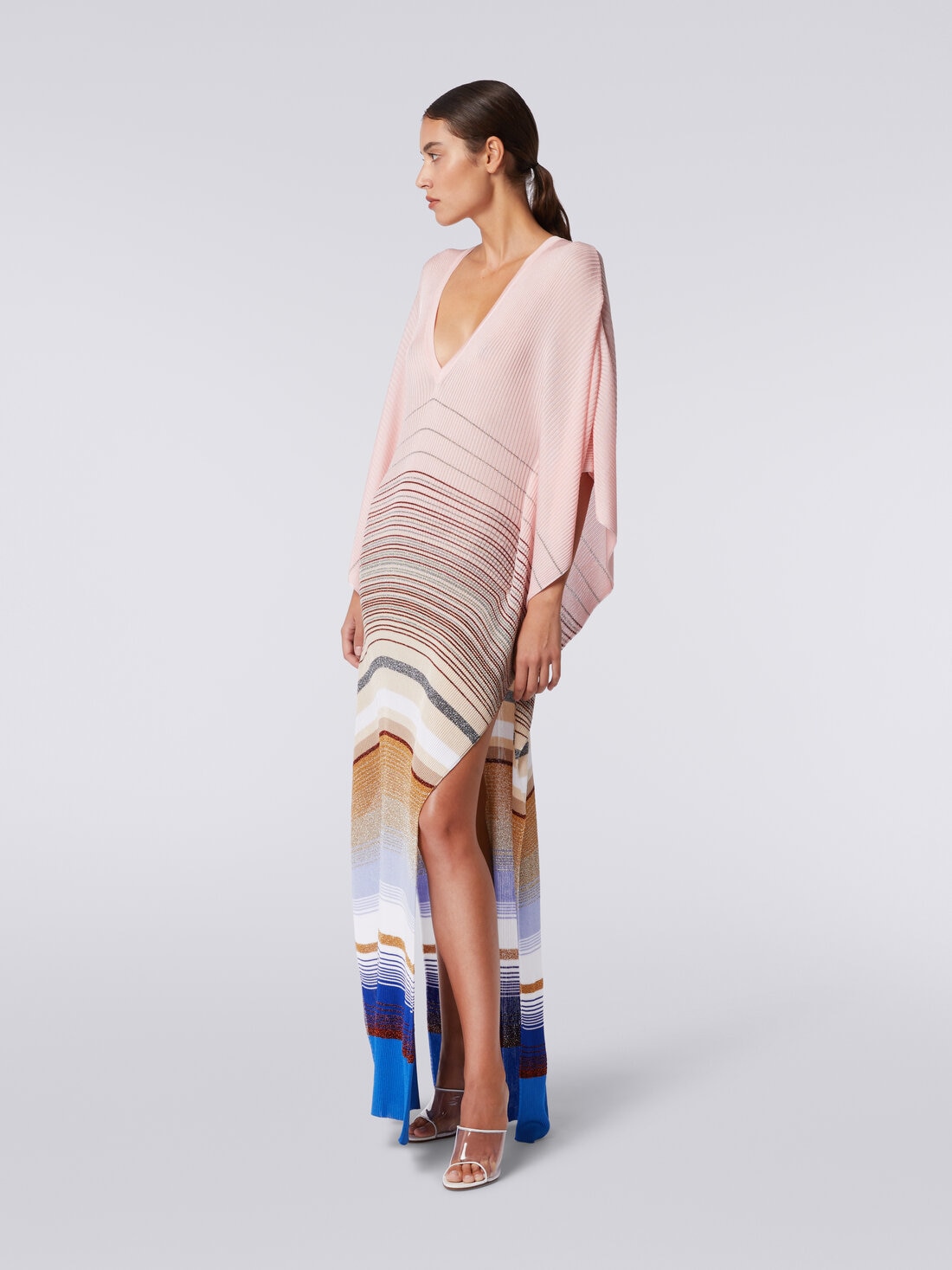 Long cover up kaftan in striped ribbed knit with lurex, Multicoloured  - MC23SQ05BT006SSM99L - 2